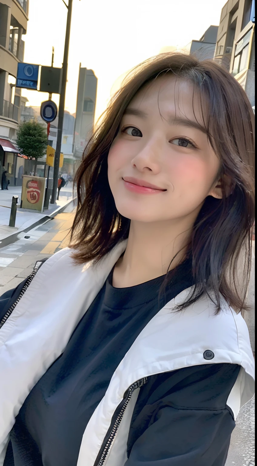 ((Best Quality、8K、masterpiece:1.3))、Focus:1.2、Perfect beauty:1.4、((Cut hair in layers、Poor breasts:1.2))、、(cloudiness、a street:1.3)、JK Dresses:1.1、Highly detailed facial and skin texture、A detailed eye、二重まぶた、Whiten skin、Hair length、(with round face:1.5)、cowboy shot、Winter clothes、A smile、Wet hair