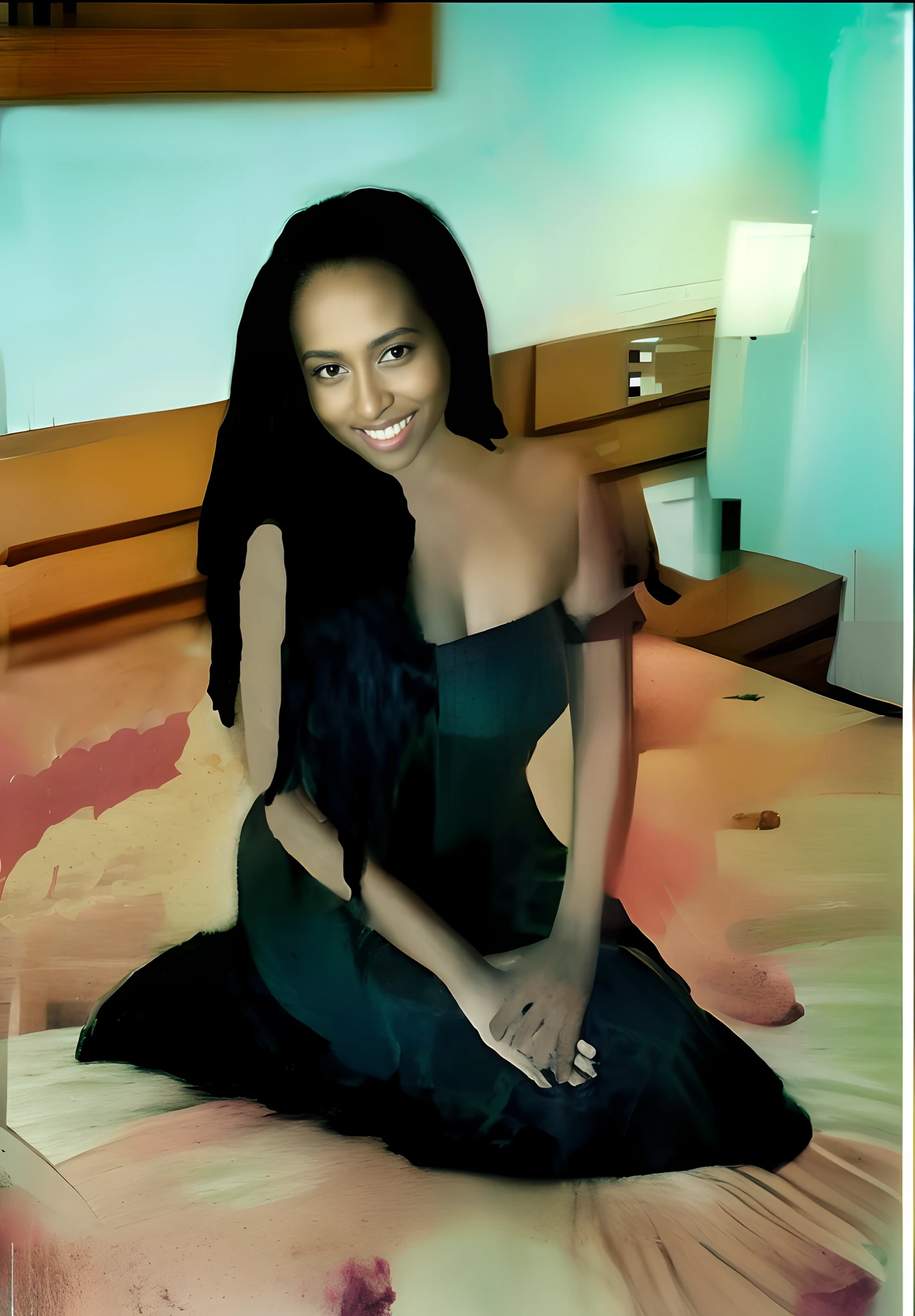 there is a woman sitting on a bed with a black dress, posando em um quarto, Arte Digital!!, ebony-esque, com um sorriso sedutor, menina sexy com tez escura, foto de uma mulher negra, poses sorridentes elegantes, Indian girl with brown skin, post processed denoised, noite!, postprocessed, com pele parda, Arte Digital de um elegante, Pose de retrato