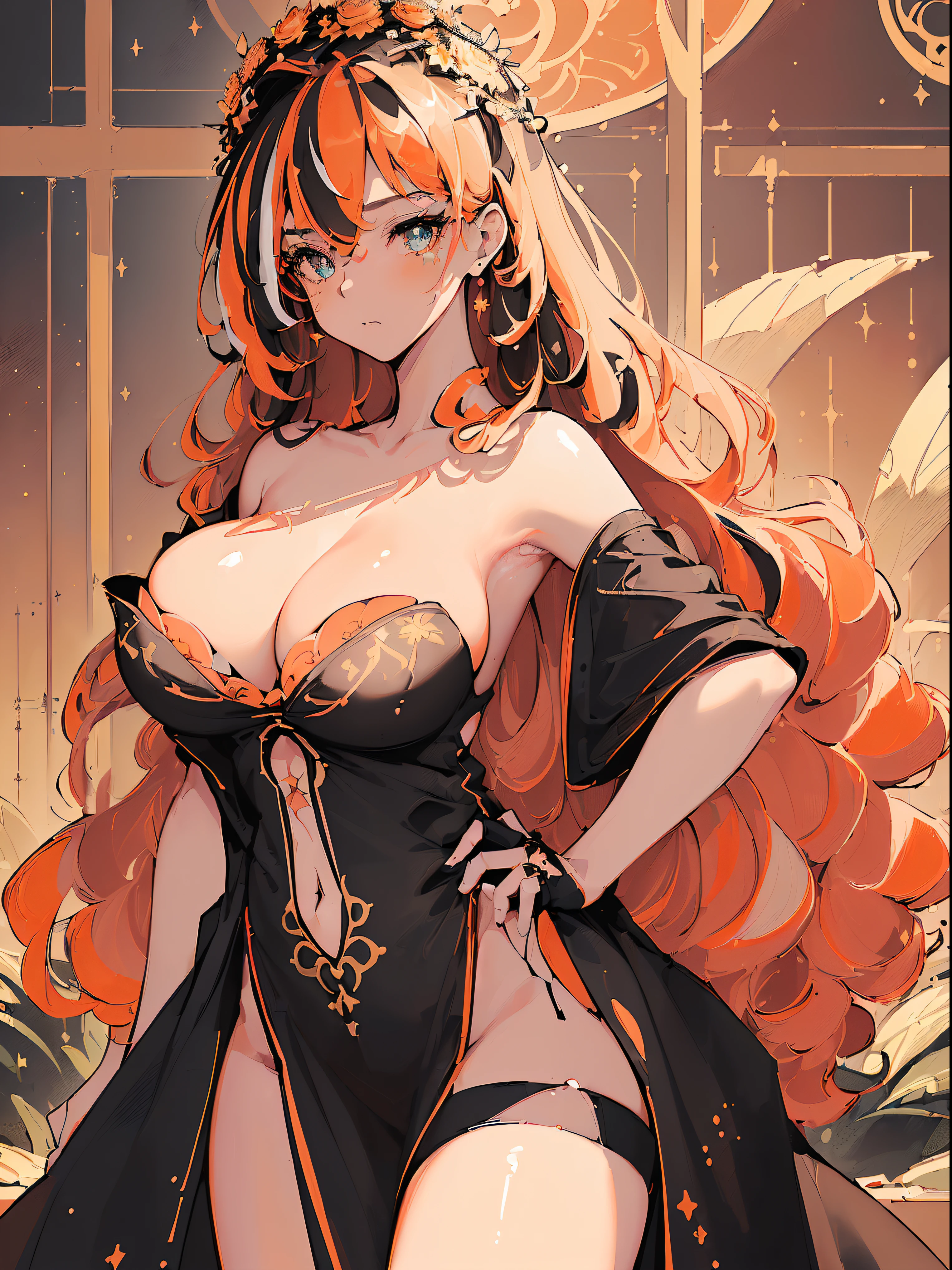(((((( baggy T-shirt, daisy field,flower dome,))))))((((Blush:1.2,Loose cuffs,))))(((((((Monochrome world, Use only shades of black and Orange and red, sparkling particles, geomerty:1.2, ))))))),((1girl,Amazing,Sharp focus,seductive lady,Solo,From below:1.1,((half kimono ,thigh ribbon,long latex gloves,))(((Masterpiece,Best quality, offcial art, Beautiful and aesthetic:1.2))),((hyper HD,Golden ratio,)) (16k),((Upper lens,facial tattoo)), (((lotus,flower crown))), (((Sagging breasts))))),(Physically-based rendering),Sharp focus, (((highdetailskin,))),intricate outfits,Delicate pupils,Cardiac pupils,Danfeng Eyes,((((detailed hairs|Long hair|Long bold side bangs|Cover your eyes|Naturally curly|streaked hair)))),Slender,(masterpiece sidelighting),(The sheen),(Beautiful hair,Beautiful eyes,)((unbelievable Ridiculous,)),((extremely_Detailed_Eyes_and_face)),film quality,(Dynamic configuration: 1.2),Brilliant,Glossy, (Photorealistic), ((cross pupils)), two-sided fabric,Ultra-precise depiction, Ultra-detailed depiction,