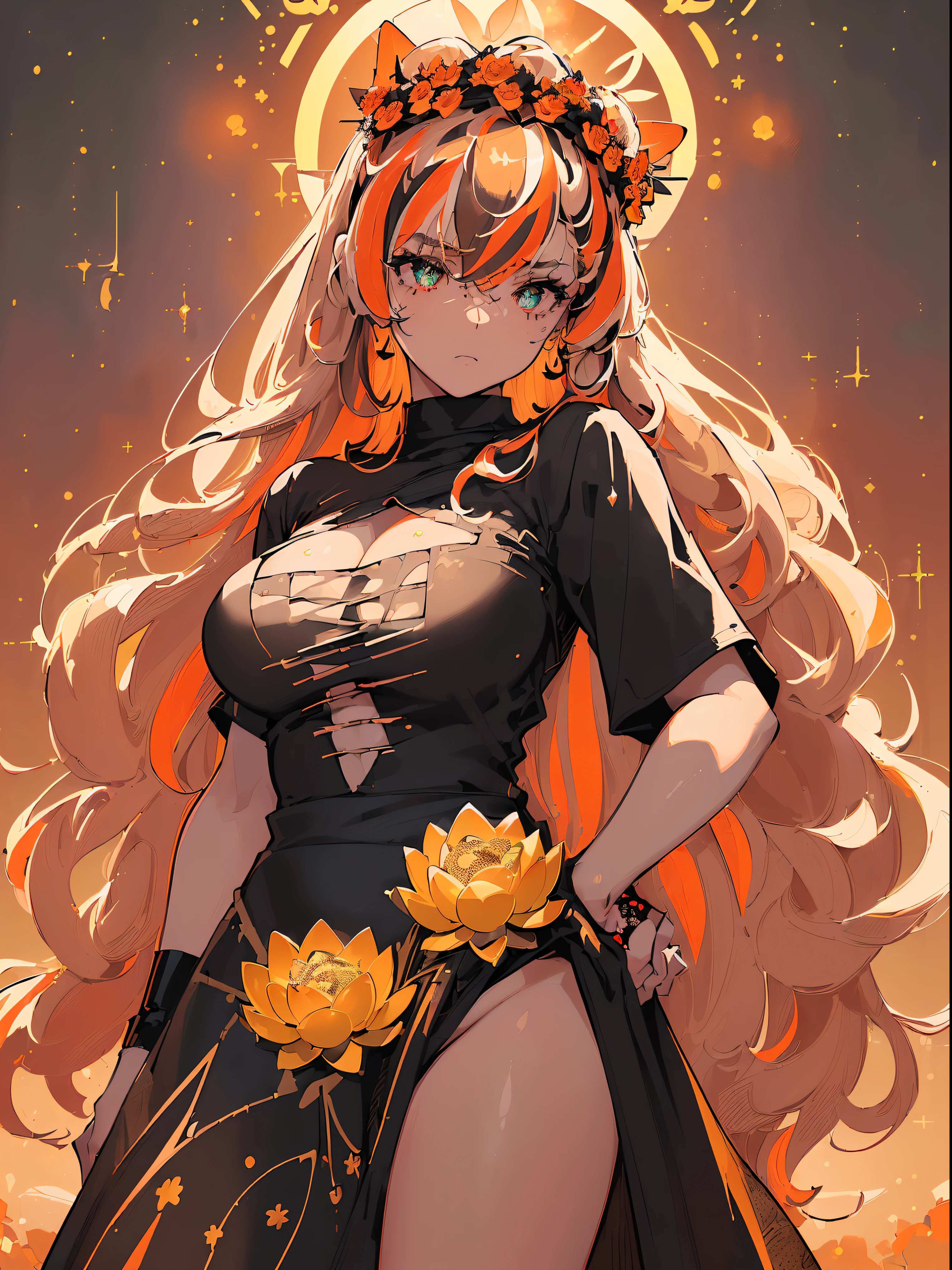 (((((( baggy T-shirt, daisy field,flower dome,))))))((((Blush:1.2,Loose cuffs,))))(((((((Monochrome world, Use only shades of black and Orange and red, sparkling particles, geomerty:1.2, ))))))),((1girl,Amazing,Sharp focus,seductive lady,Solo,From below:1.1,((half kimono ,thigh ribbon,long latex gloves,))(((Masterpiece,Best quality, offcial art, Beautiful and aesthetic:1.2))),((hyper HD,Golden ratio,)) (16k),((Upper lens,facial tattoo)), (((lotus,flower crown))), (((Sagging breasts))))),(Physically-based rendering),Sharp focus, (((highdetailskin,))),intricate outfits,Delicate pupils,Cardiac pupils,Danfeng Eyes,((((detailed hairs|Long hair|Long bold side bangs|Cover your eyes|Naturally curly|streaked hair)))),Slender,(masterpiece sidelighting),(The sheen),(Beautiful hair,Beautiful eyes,)((unbelievable Ridiculous,)),((extremely_Detailed_Eyes_and_face)),film quality,(Dynamic configuration: 1.2),Brilliant,Glossy, (Photorealistic), ((cross pupils)), two-sided fabric,Ultra-precise depiction, Ultra-detailed depiction,