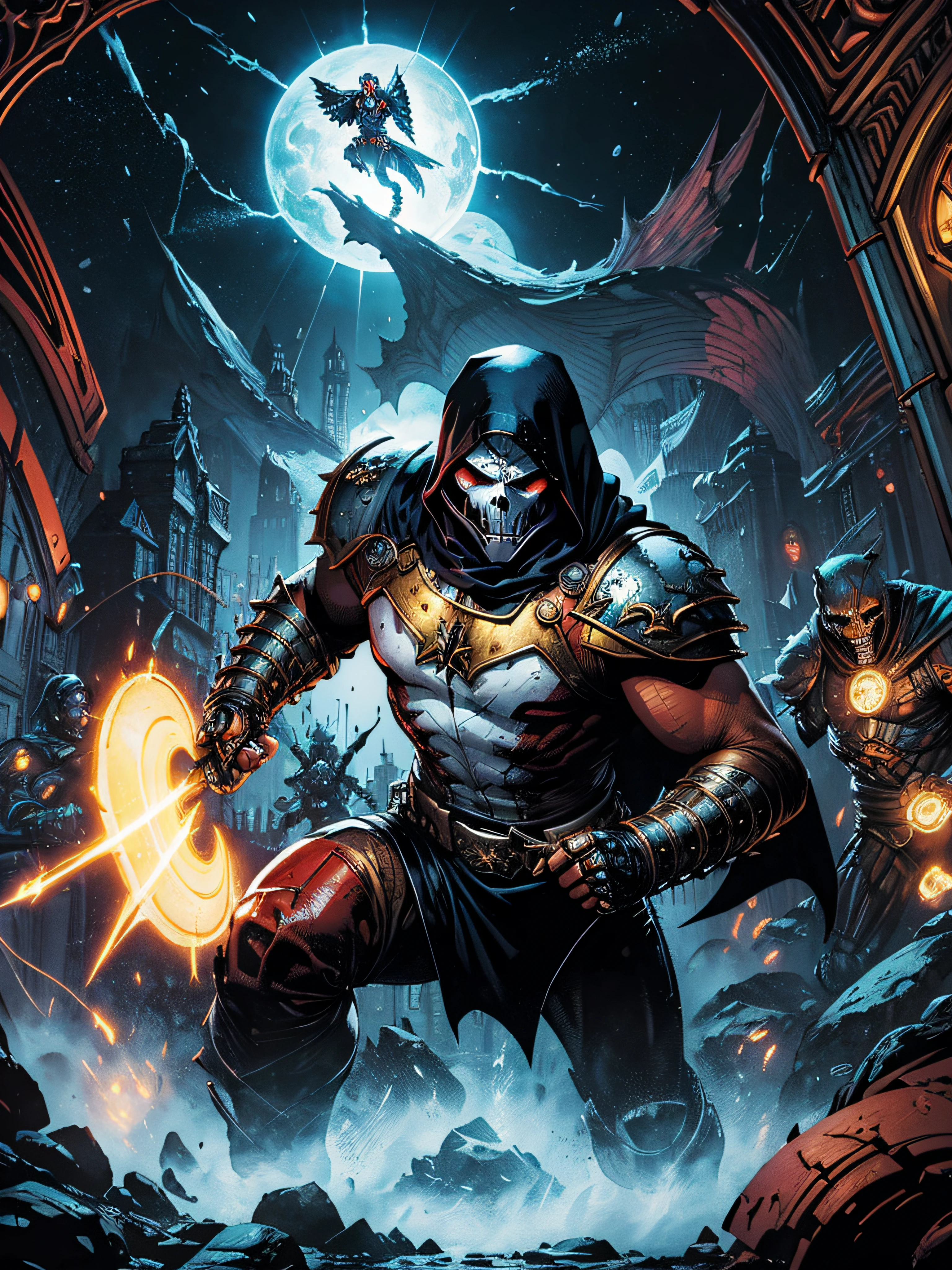 Ultra-Wide angle shot, photorealistic of Space Opera of thrilling fusion between Mortarion (Warhammer 40k + Male + Warrior + White Hood + White Armor + LightGeen detailed + golden ornaments + Grimm Reaper) and Tron Legacy, guardians of the galaxy style, LoL arcane style, resulting in a new character that embodies elements of both, people, see Black ink flow: 8k resolution photorealistic masterpiece: by Aaron Horkey and Jeremy Mann: intricately detailed fluid gouache painting: by Jean Baptiste Mongue: calligraphy: acrylic: colorful watercolor art, cinematic lighting, maximalist photoillustration: by marton bobzert: 8k resolution concept art intricately detailed, complex, elegant, expansive, fantastical, psychedelic realism, dripping paint
Negative Prompt
