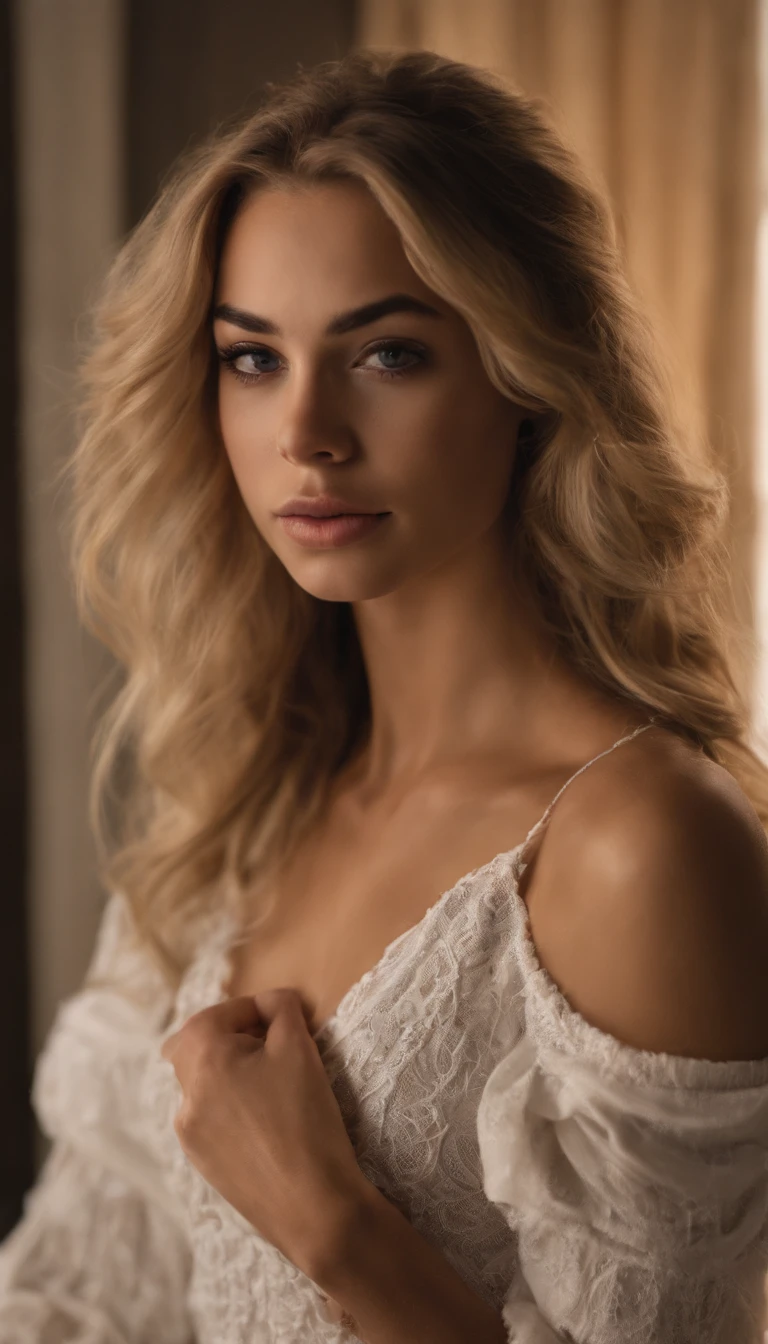 Allard woman completely , Sexy blue-eyed girl, Ultra photo realsisim, detailed meticulous, portrait sophie mudd, blonde hair and large eyes, selfie of a young woman, bedroom eyes, Violet Myers, nomake-up, Natural makeup, look straight at the camera, face with artgram, Subtle makeup, Stunning full-body shot kneeling on bed, in a bedroom, Medium to large bust; ; ;Naked