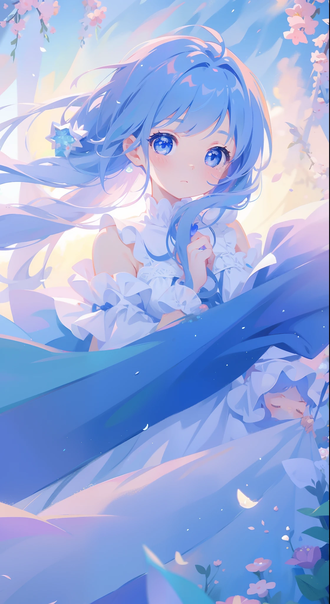 One girl、magical little girl、blue hairs、blue eyess、Magical Girl Costumes、masterpiece、top-quality、Top image quality、cute little、magia、Using magic