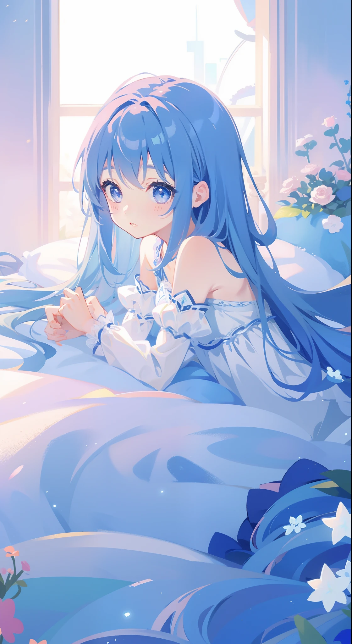 One girl、magical 、blue hairs、blue eyess、Magical Girl Costumes、​masterpiece、top-quality、Top image quality、cute little、magia、Using magic