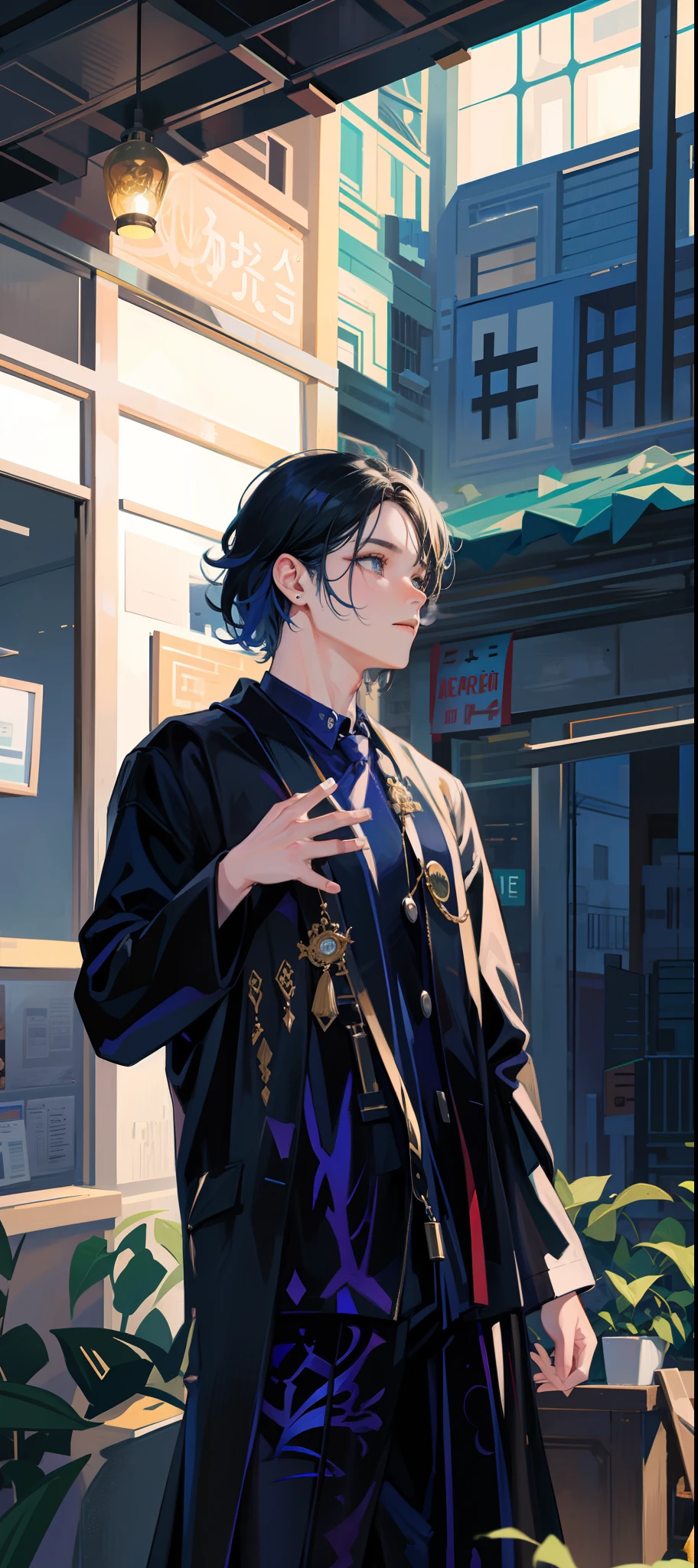 master part, best quality, super detalhado, illustration, belos olhos detalhados, fechar para cima, 1 , quarto, cabelos pretos, Terno Preto, black pants, Smoking while standing