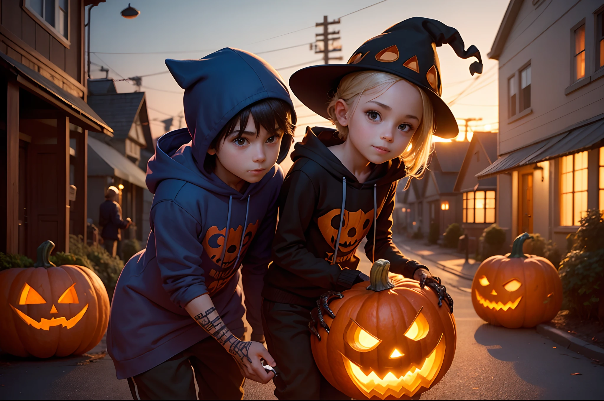 A girl and a boy, both dressed with spider costumes, carrying each one a pumpking carved with a sinister smile with a torch inside the pumpkin. Street in a small town at sunset as background, blue hour, highly detailed.