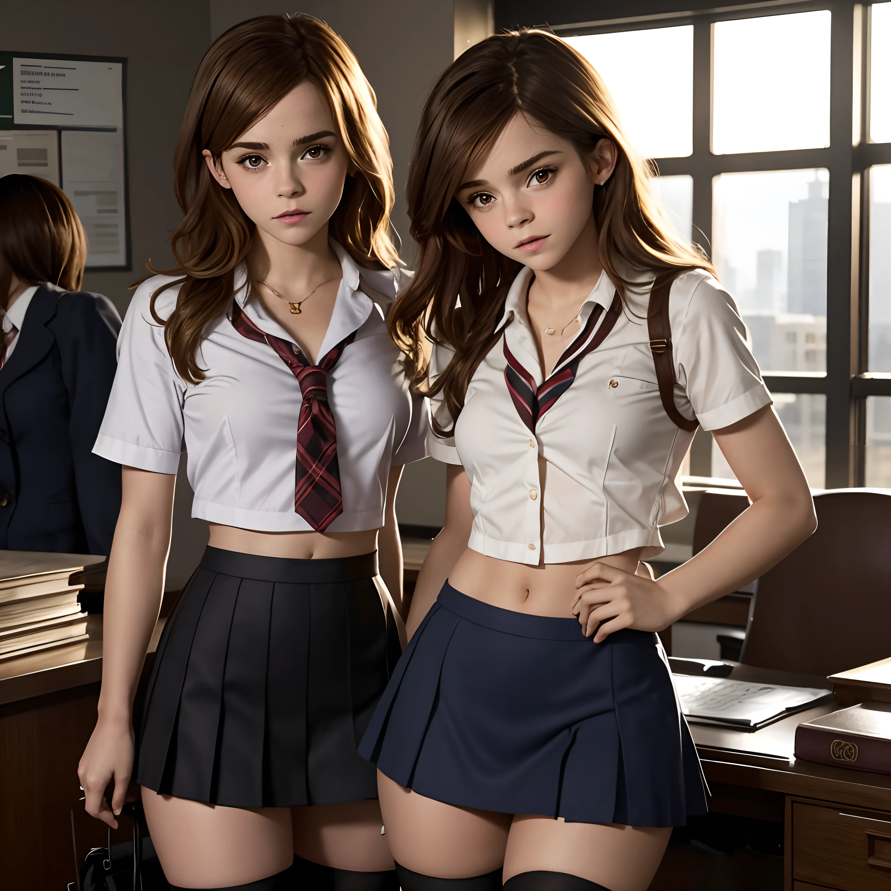 Two women in school uniforms posing for a picture in a classroom SeaArt AI