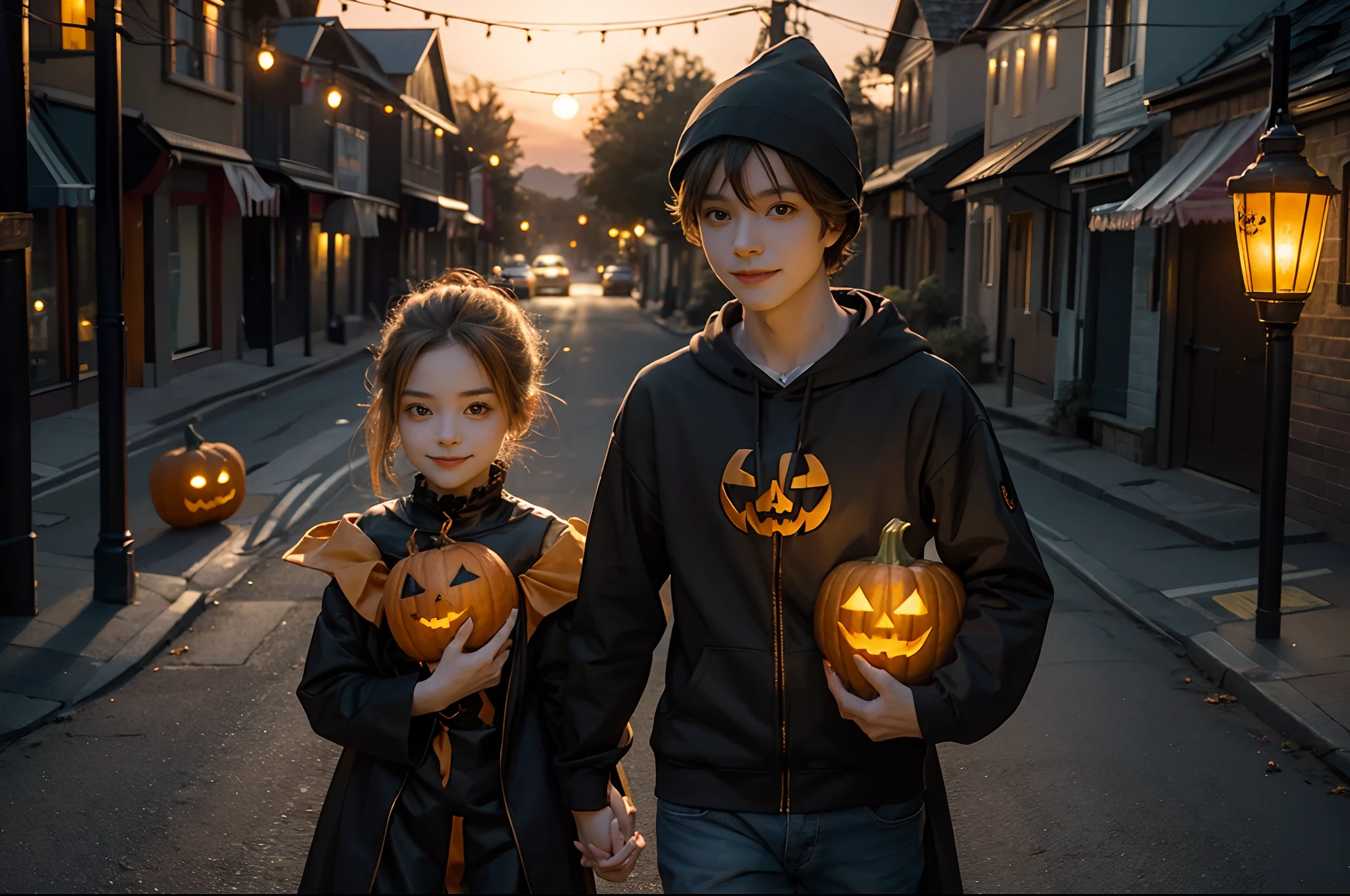 A girl and a boy, both dressed with spider costumes, carrying each one a pumpking carved with a sinister smile with a torch inside the pumpkin. Street in a small town at sunset as background, blue hour, highly detailed.