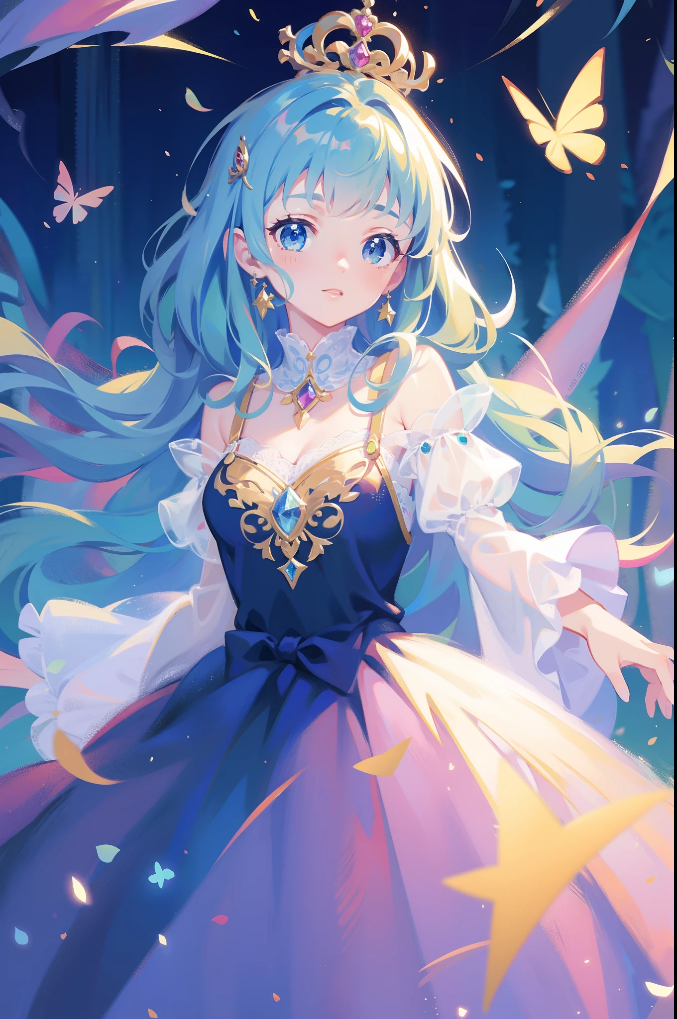 masterpiece, 8k, sharp focus, high resolution, princess, beautiful girl, fantasy princess dress, ballgown, sharp focus, intricately detailed dress design, colorful, whimsical, fantasy, magical