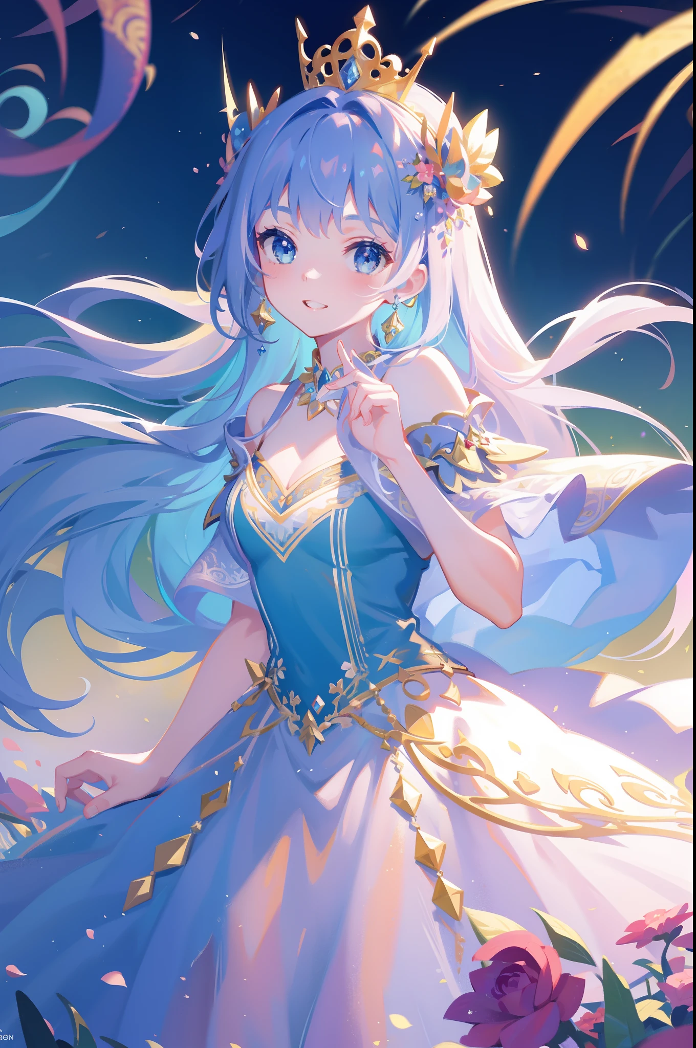 masterpiece, 8k, sharp focus, high resolution, princess, beautiful girl, fantasy princess dress, ballgown, sharp focus, intricately detailed dress design, colorful, whimsical, fantasy, magical
