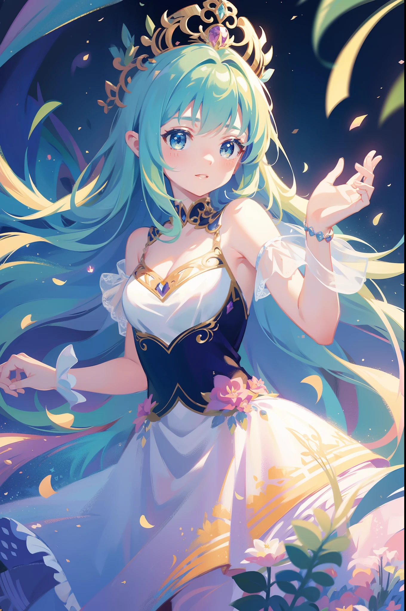 masterpiece, best quality, intricate details, beautiful girl, sparkling eyes, otherworldly liquid fantasia background, watercolor, bright vibrant colors, whimsical, colorful, layered tiered puffy long sleeve ballgown, ((iridescent rainbow bubbles))