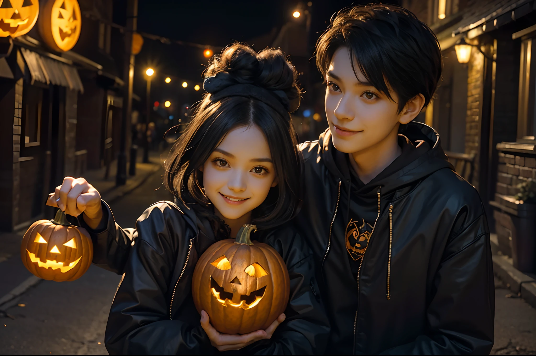 A girl and a boy, both dressed with spider costumes, carrying each one a pumpking carved with a sinister smile with a torch inside the pumpkin. Street in a small town at sunset as background, blue hour, highly detailed.