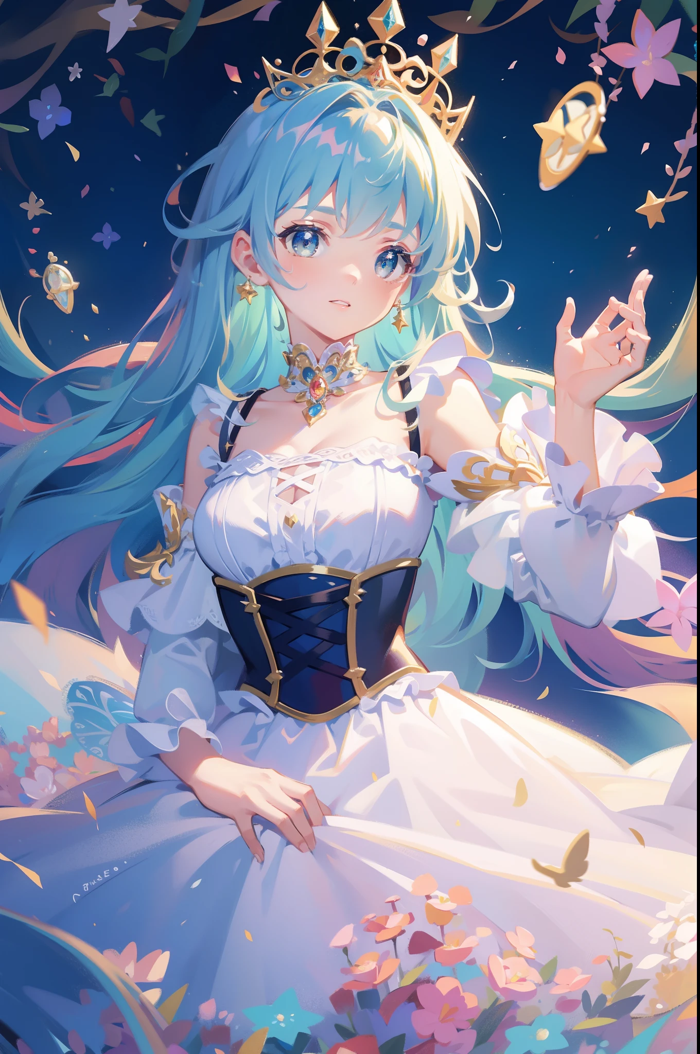 masterpiece, best quality, 8k resolution, sharp focus, intricate detail, This photo shows a beautiful illustration of a girl who looks like a princess. She has long blue hair and a white and gold dress. She is standing in front of a large mirror that reflects the starry night sky. She is holding a pink rose in her hand and wearing a crown of roses on her head. She seems to be dreaming of something or someone.