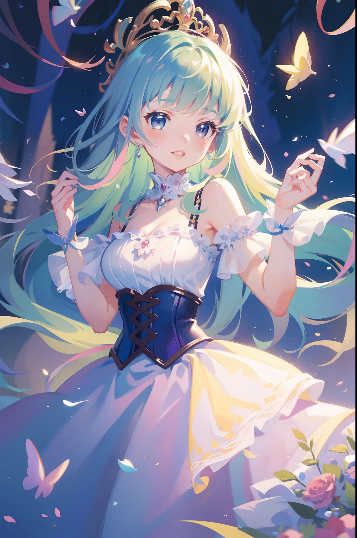 masterpiece, 8k, sharp focus, high resolution, princess, beautiful girl, fantasy princess dress, puffy multi-layered tiered ballgown, corset, collar, sharp focus, intricately detailed dress design, colorful, whimsical, fantasy, magical