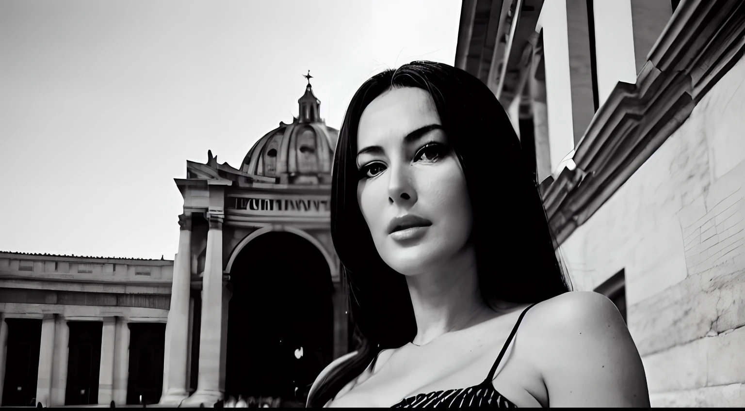 Monica Bellucci in the style of the cinema of the 60s,Ultra-detailed portrait of Monica Bellucci ,detailized face,Detailed hands,Summer black and white sundress ,In the square of the Italian city ,Background Rome Lots of people Impressive lighting,Deep chiaroscuro,eye shadow,photo realism,Professional photo, 60mm lens,ISO 800,higly detailed,64 thousand.