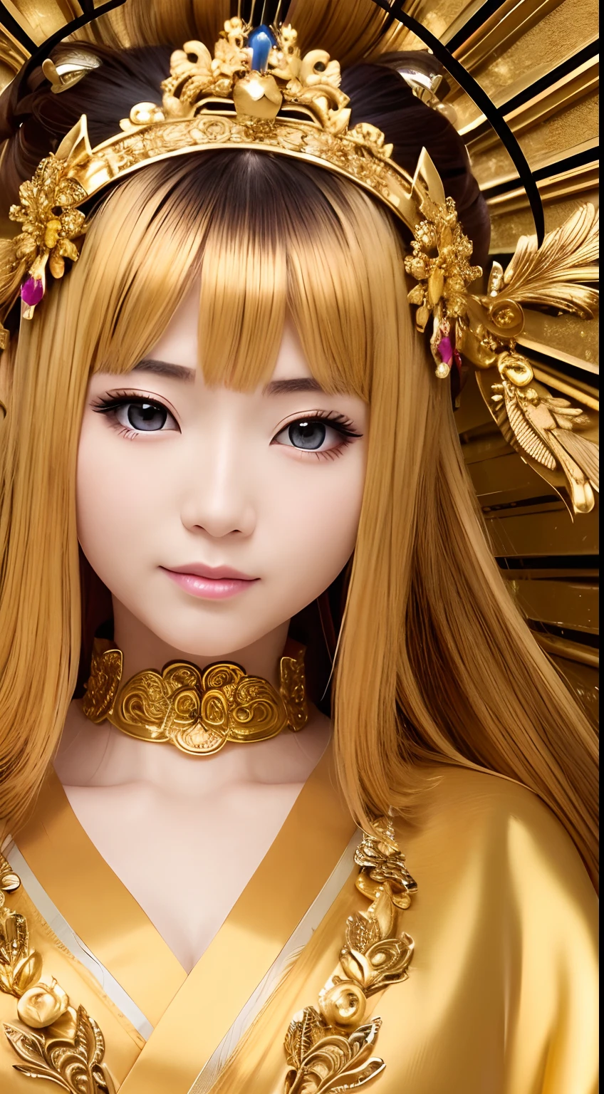 masutepiece, Best Quality, hight resolution, photoreaslistic, Detailed face,Front view,Goddess,God of Luck, Upper body, Golden kanzashi hair, Beautie, shrines, shining background, Golden kimono