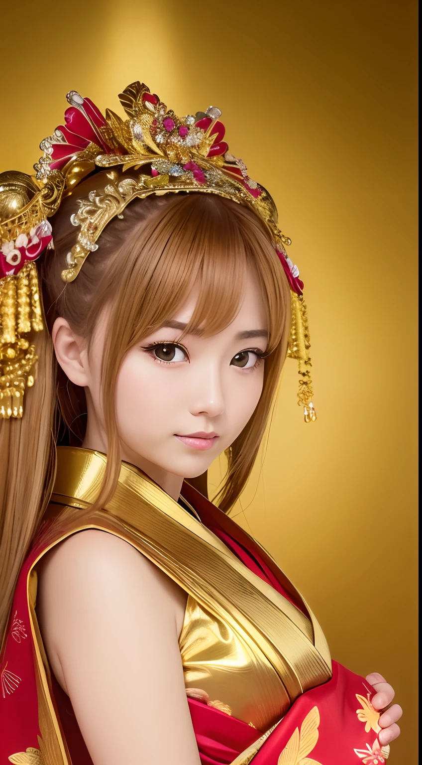 masutepiece, Best Quality, hight resolution, photoreaslistic, Detailed face,Front view,Goddess,God of Luck, Upper body, Golden kanzashi hair, Beautie, shrines, shining background, Golden kimono