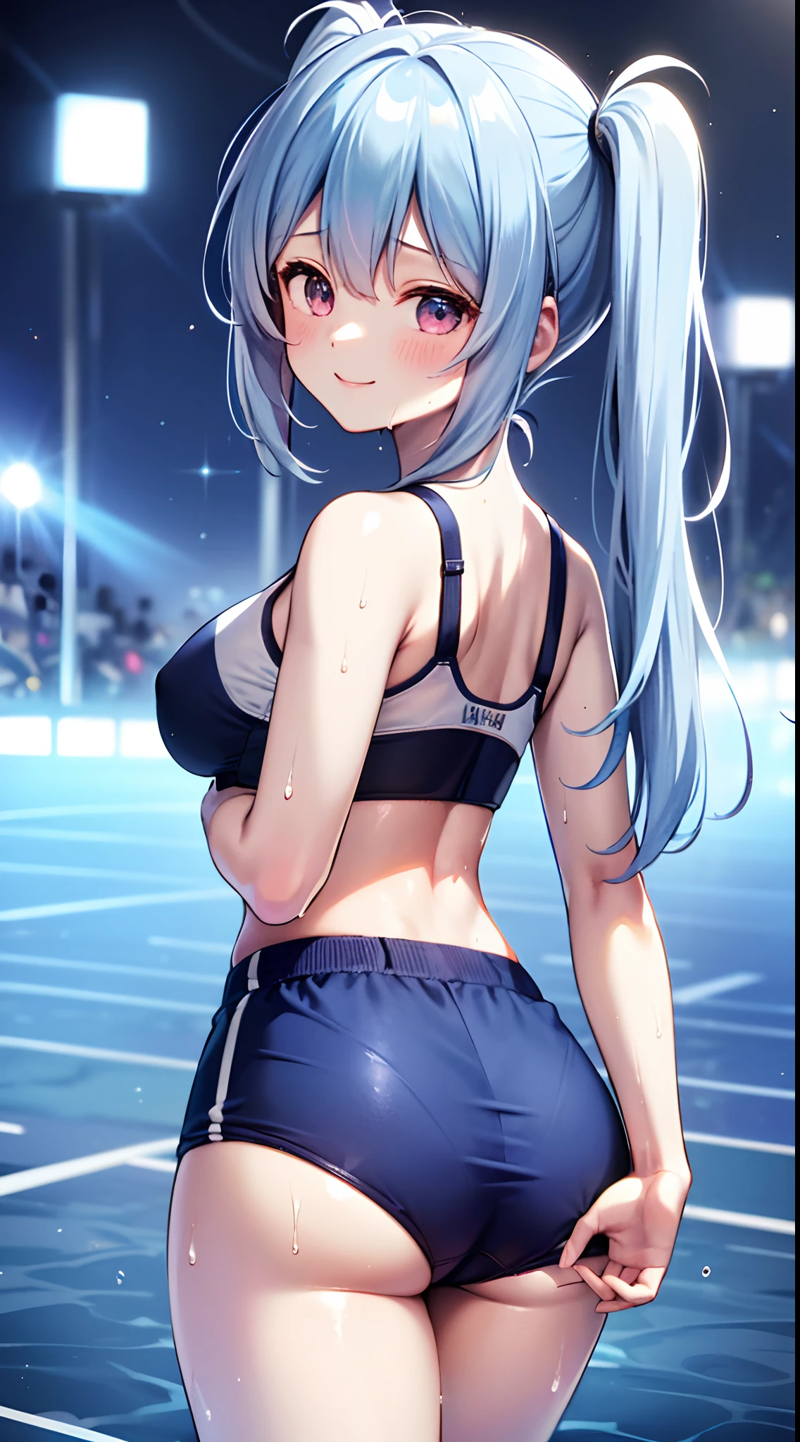 femele,Light blue long hair、Twin-tailed、adorable smiling、１2 *********,Glittering white sports bra and glowing blue boxer shorts,,Wet with sweat,Look back,(((Satin Narico)))