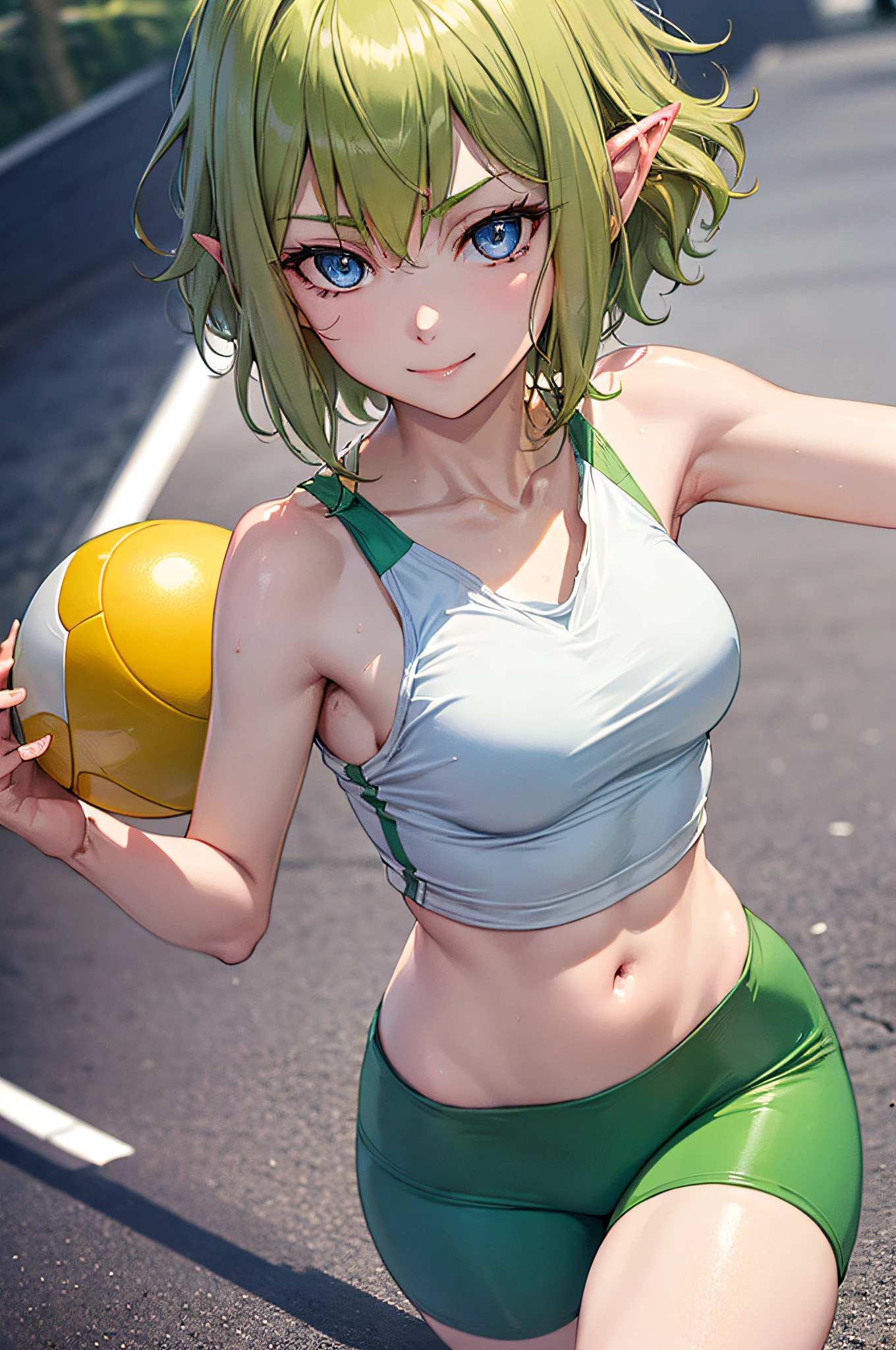 blue eyes,masterpiece, best quality, photorealistic, yujiasuit, yoga sports bra, yoga pants, 1girl, solo, , yoga ball, pants, looking at viewer, smile, green sports bra, simple background, , midriff, long hair, breasts, green pants, sportswear, tank top, upper body,