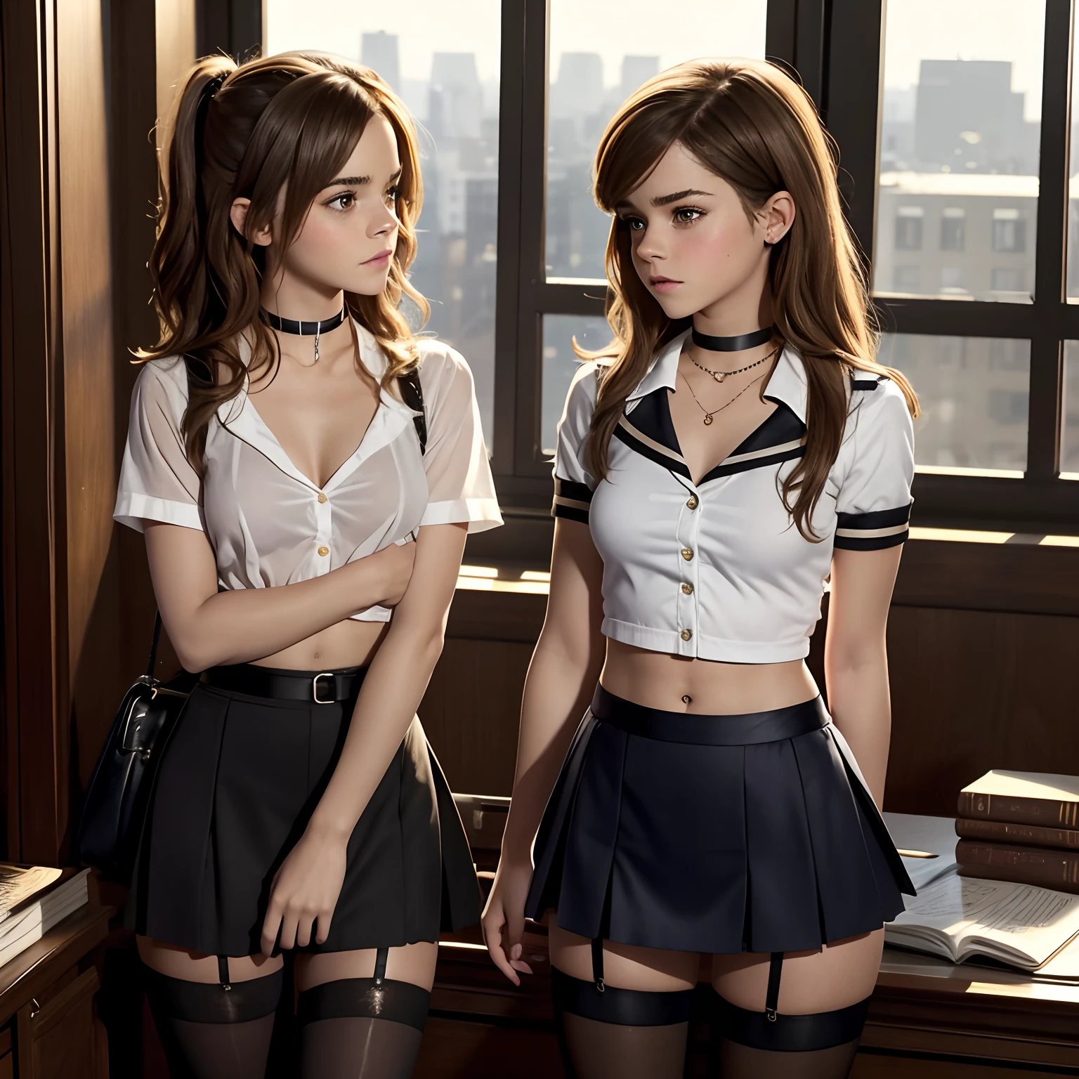 Emma Watson and (Sarah Hyland) wearing matching sexy school girl outfits in a dimly-lit law office, late afternoon sunlight, bare midriff, tiny short velvet skirts and thigh high stockings, perfect legs, shy, embarrassed, (face blushing), ((choker)), (worried)