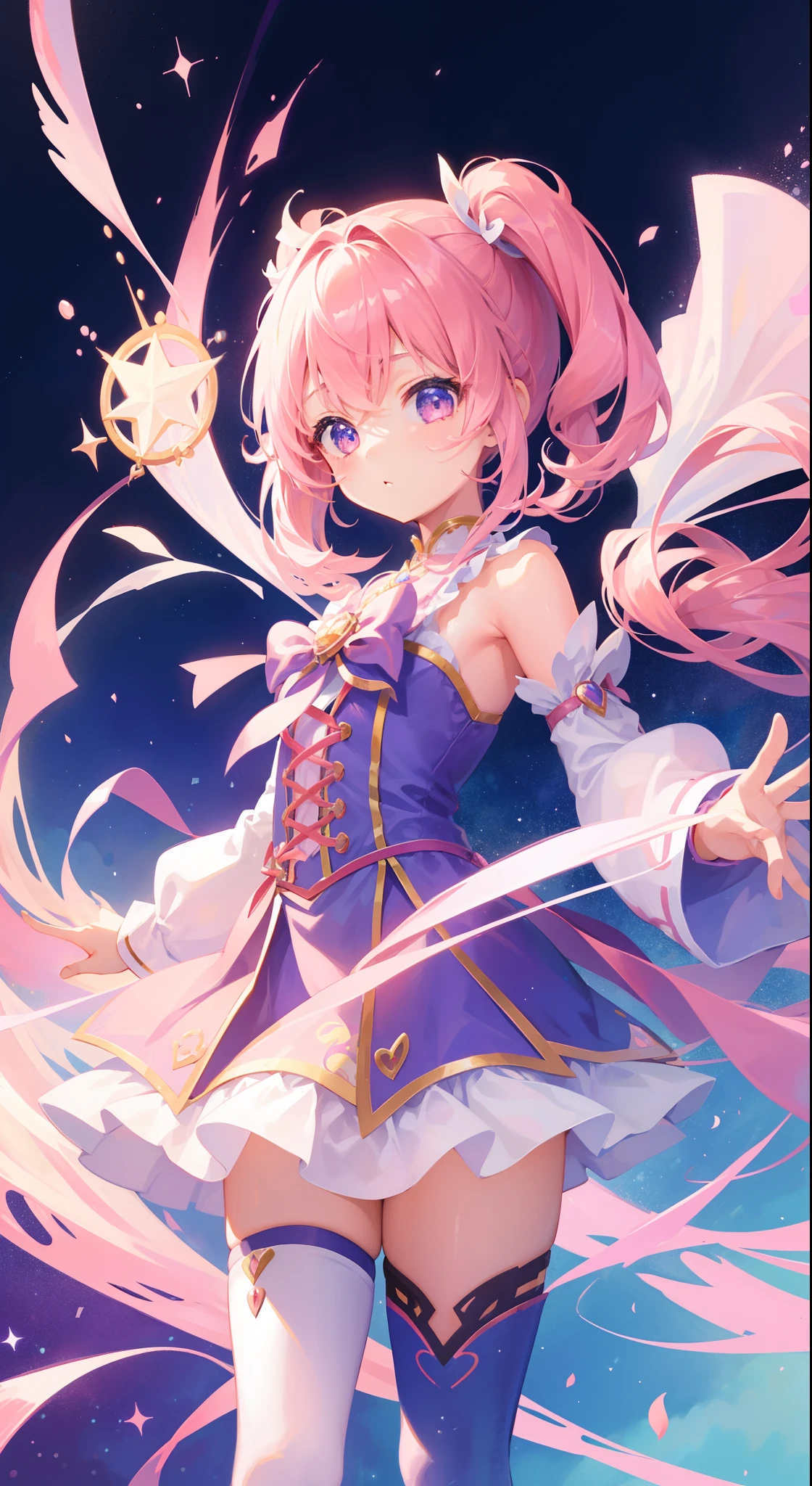 One girl、magical little girl、masterpiece、top-quality、Top image quality、cute little、A pink-haired、long twin tail hair、Magical Girl Costumes、magia、uses magic