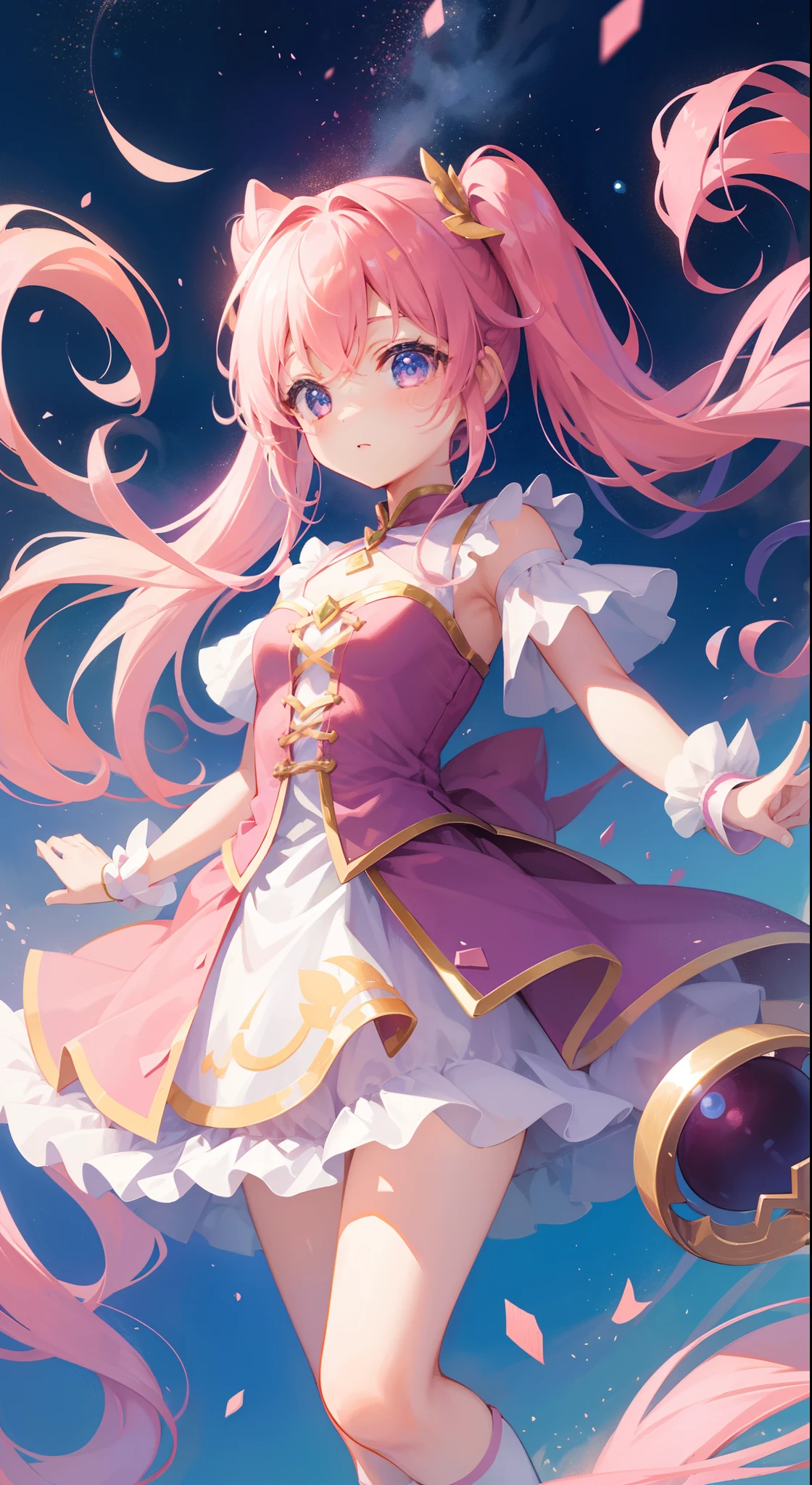 One girl、magical little girl、masterpiece、top-quality、Top image quality、cute little、A pink-haired、long twin tail hair、Magical Girl Costumes、magia、uses magic