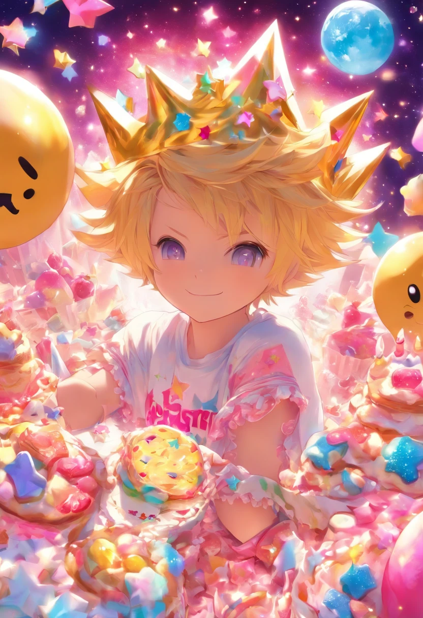 Kagamine Len con una playera rosa y un estampado de una estrella, A prince's crown in a world of fancy sweets and cookies
