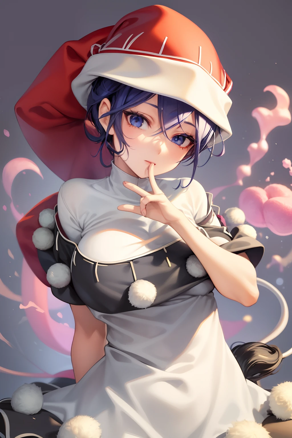 masterpiece, best quality, doremy sweet, 1girl,nightcap,blue hair,short hair,blue eyes, large breasts, short sleeves, dress,pom pom \(clothes\), tapir tail, dream soul,grey background, cowboy shot, upper body, detailed face, detailed eyes, detailed hair, 5 fingers