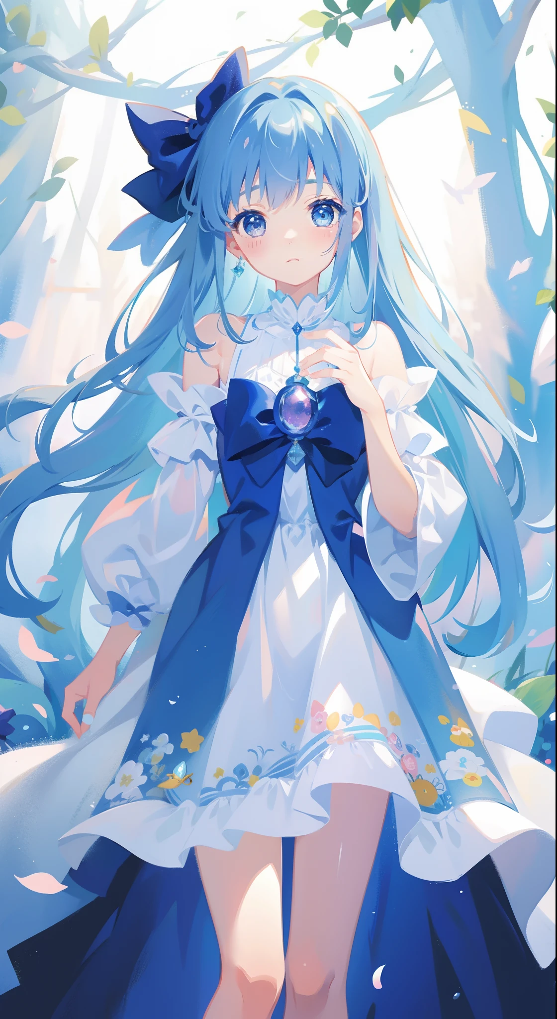 One girl、magical little girl、blue hairs、blue eyess、Magical Girl Costumes、​masterpiece、top-quality、Top image quality、cute little、magia、Using magic