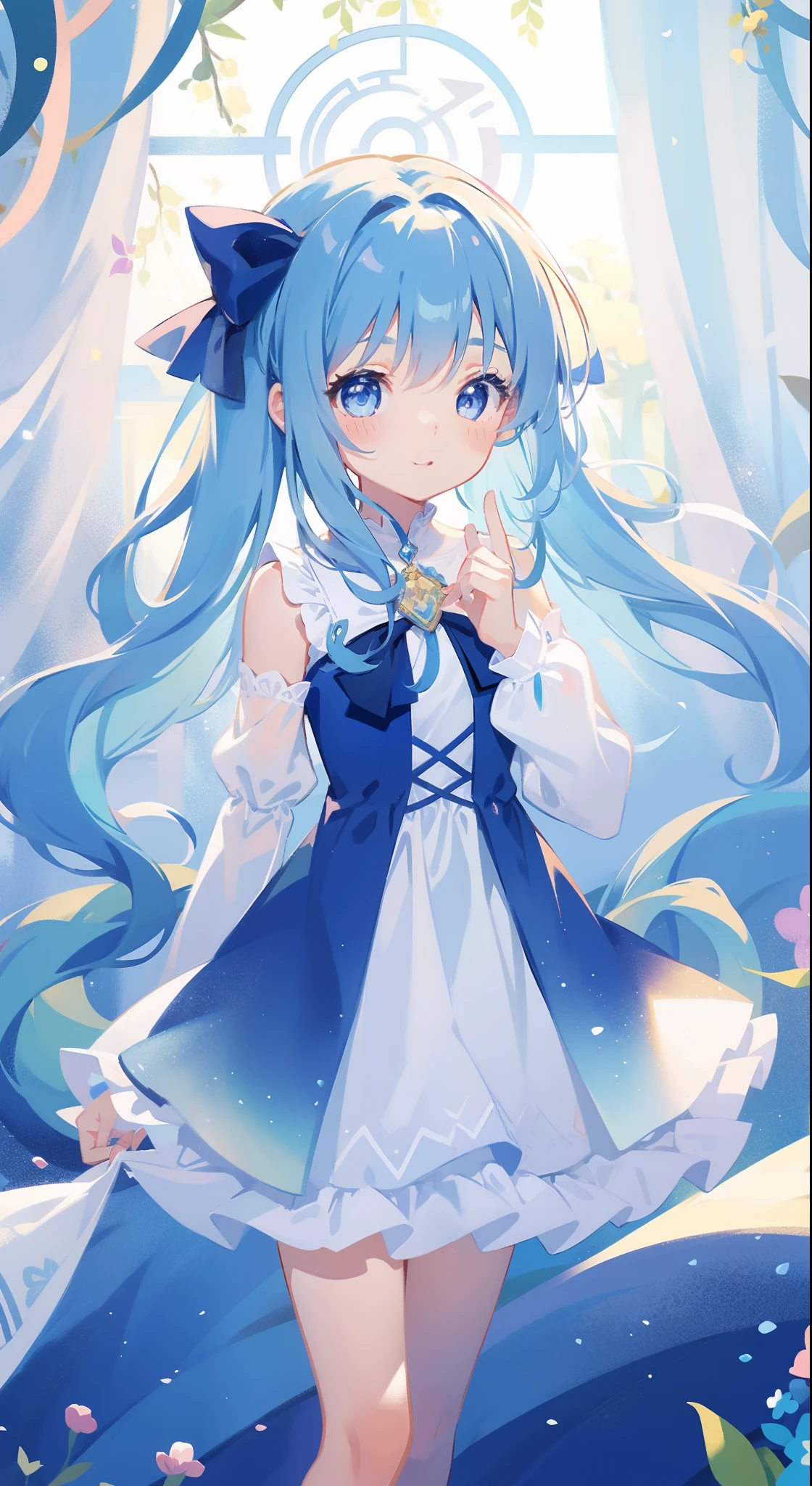 One girl、magical little girl、blue hairs、blue eyess、Magical Girl Costumes、masterpiece、top-quality、Top image quality、cute little、magia、Using magic