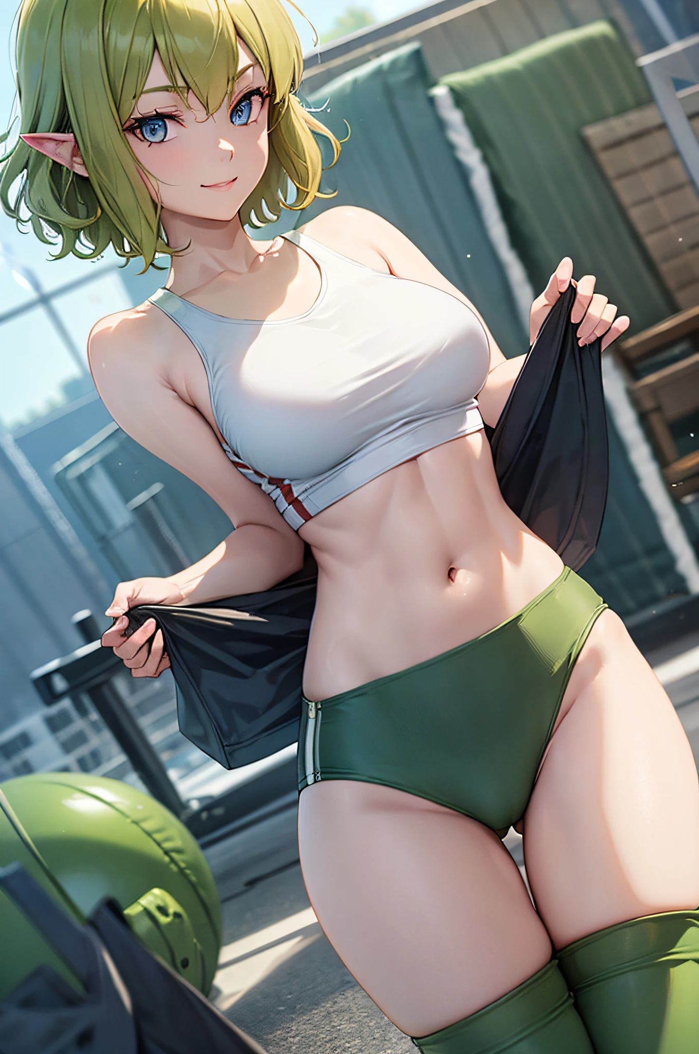 blue eyes,masterpiece, best quality, photorealistic, yujiasuit, yoga sports bra, yoga pants, 1girl, solo, , yoga ball, pants, looking at viewer, smile, green sports bra, simple background, , midriff, long hair, breasts, green pants, sportswear, tank top, upper body,