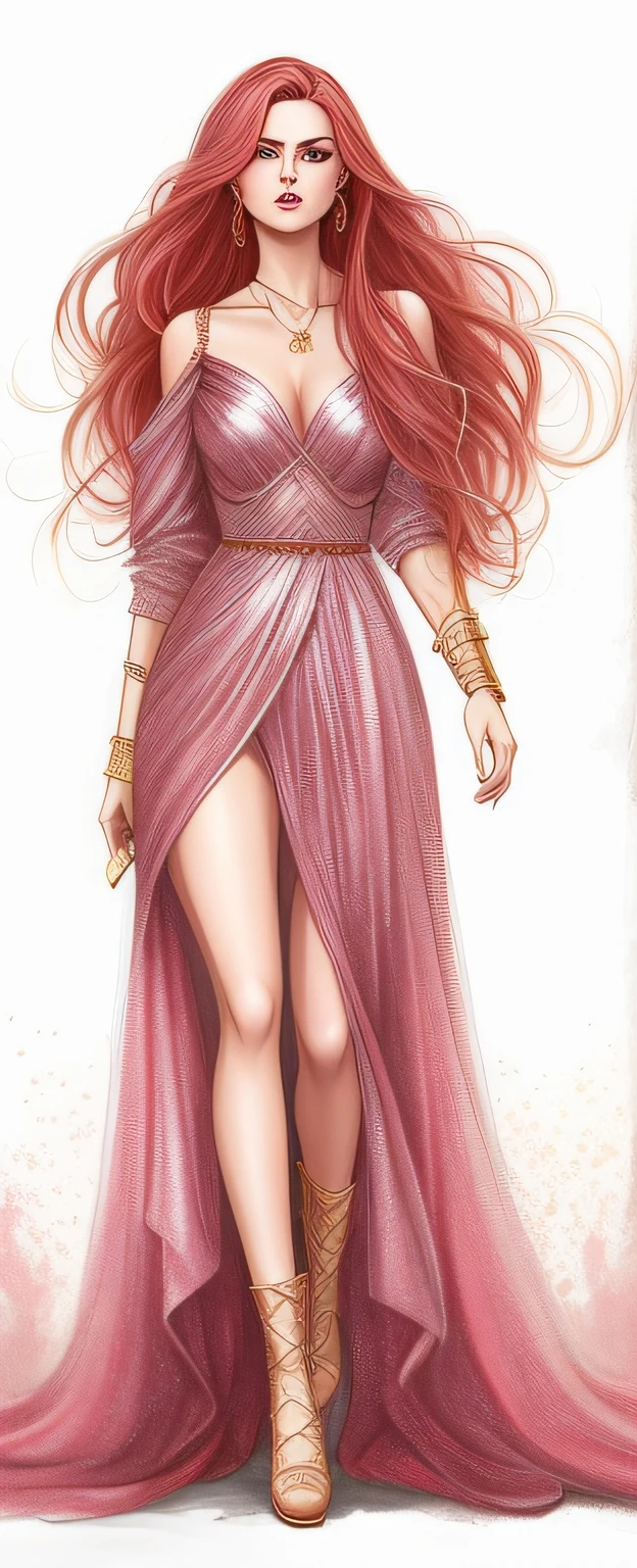 Desenho realista de uma mulher em um vestido rosa cheio de brilho, e com um decote em v, usando um colar dourado, com pulseiras douradas e um brinco dourado, e um sapato alto dourado, modelo, Mis universo, olhando para o apresentador, com longos cabelos vermelhos, Estilo de Charlie Bowater