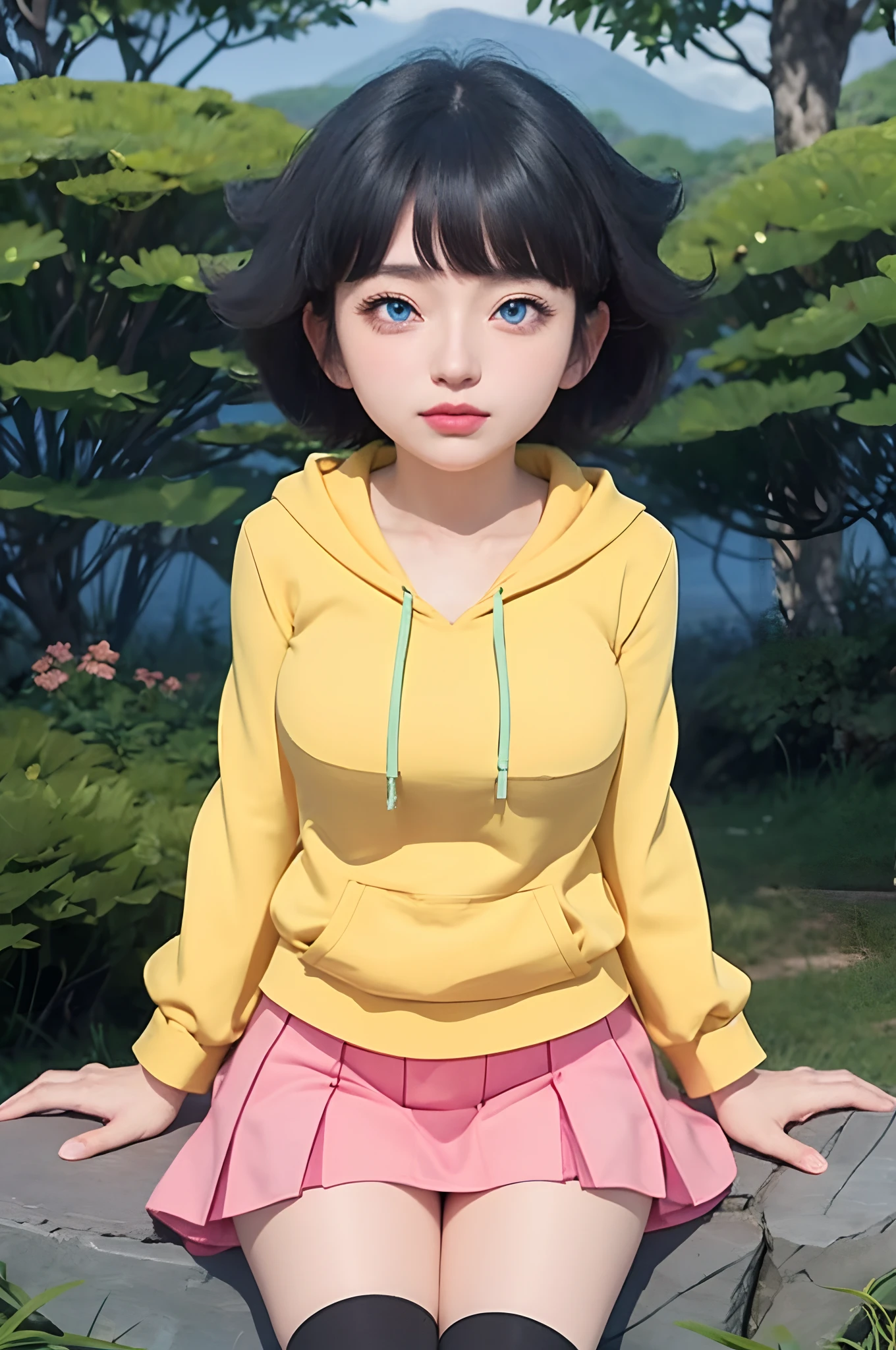 cartoon of a woman with long black hair and a pink shirt, she has a distant expression, semi realistic anime, in an anime style, semirealistic anime style, she has black hair, in anime style, (blue eyes:1.3), blunt bangs ,Uzumaki Himawari ,realistic ultra high qualiti detail