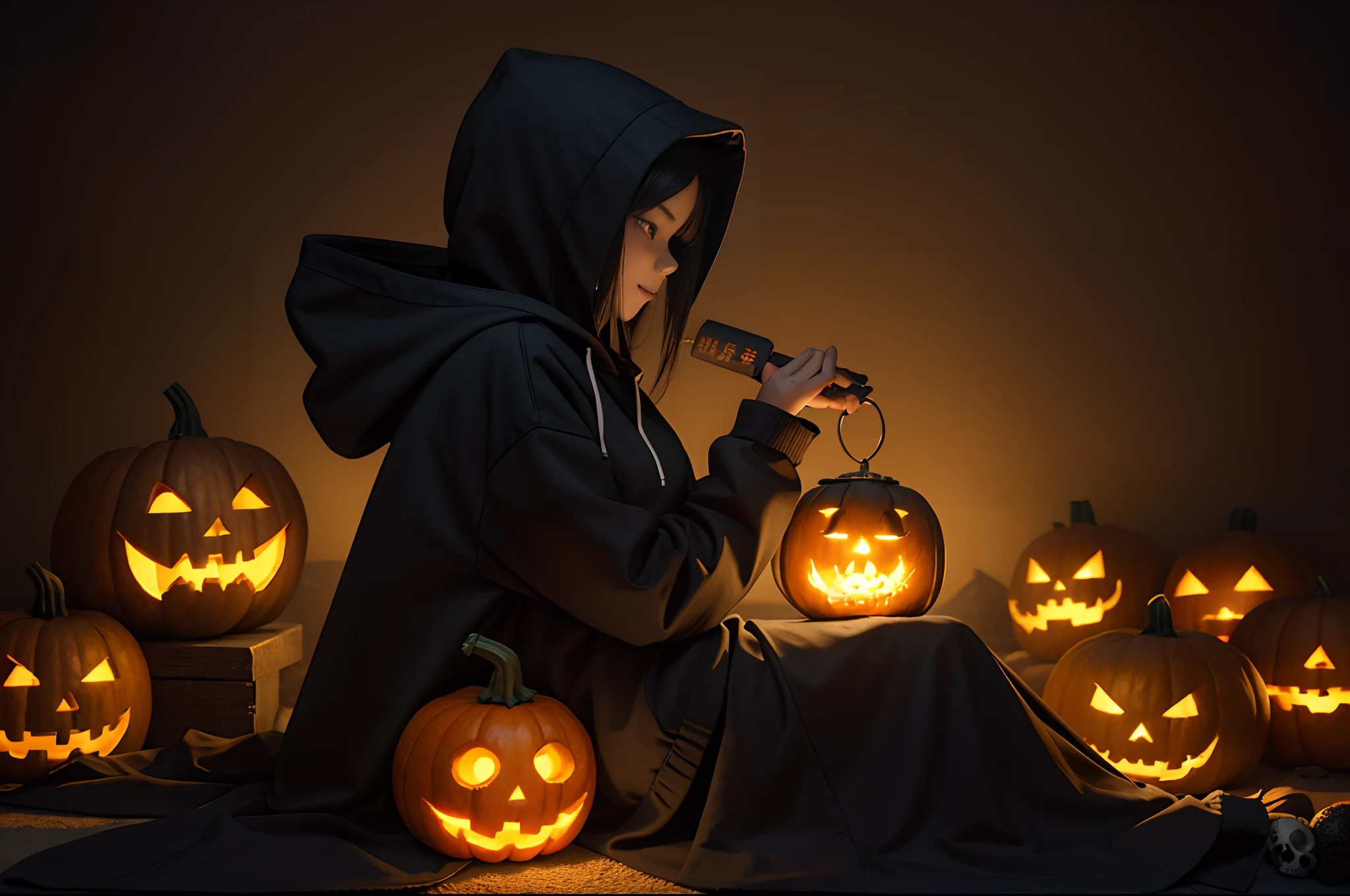 Dark room, side view of a female Chinese hacker with hoodie typing on  acomputer, pumpkins carved with sinister smiles, moss, skull, pomegranates. Obscure. Illuminated by torches inside the pumpkin, candles, screen. Great angular, great depht of field.