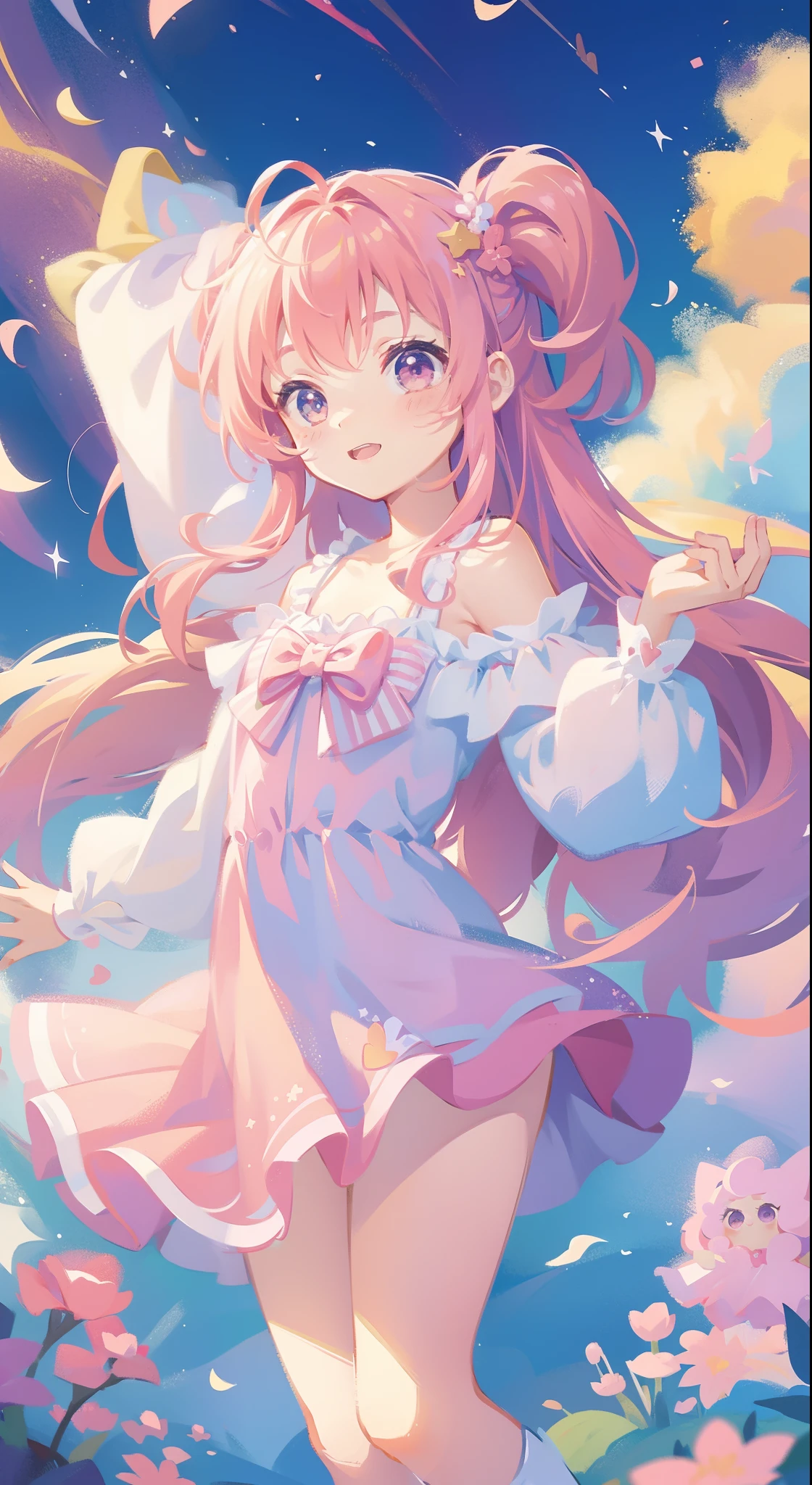 One girl、magical 、masterpiece、top-quality、Top image quality、cute little、A pink-haired、long twin tail hair、Magical Girl Costumes、magia、uses magic