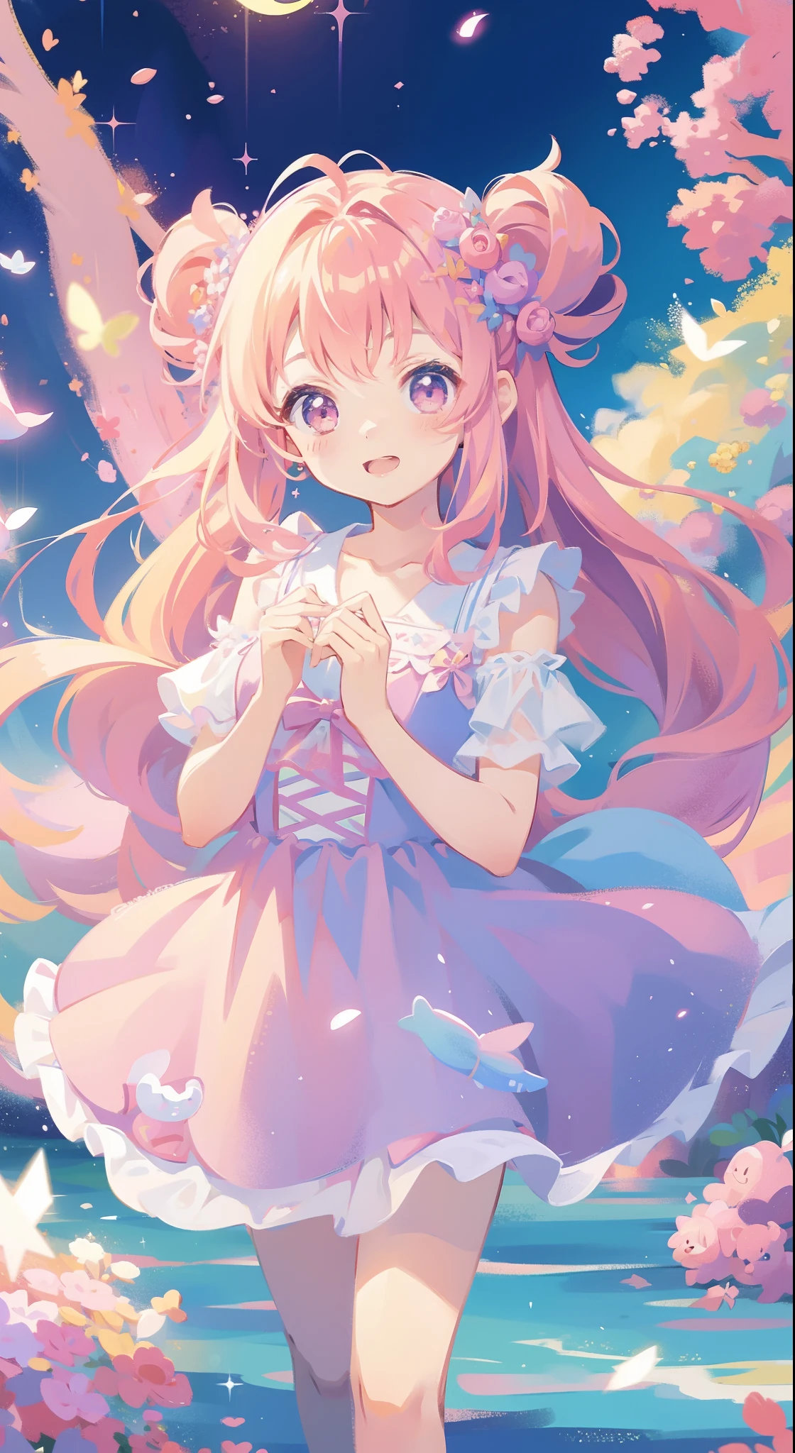 One girl、magical little girl、​masterpiece、top-quality、Top image quality、cute little、A pink-haired、long twin tail hair、Magical Girl Costumes、magia、uses magic
