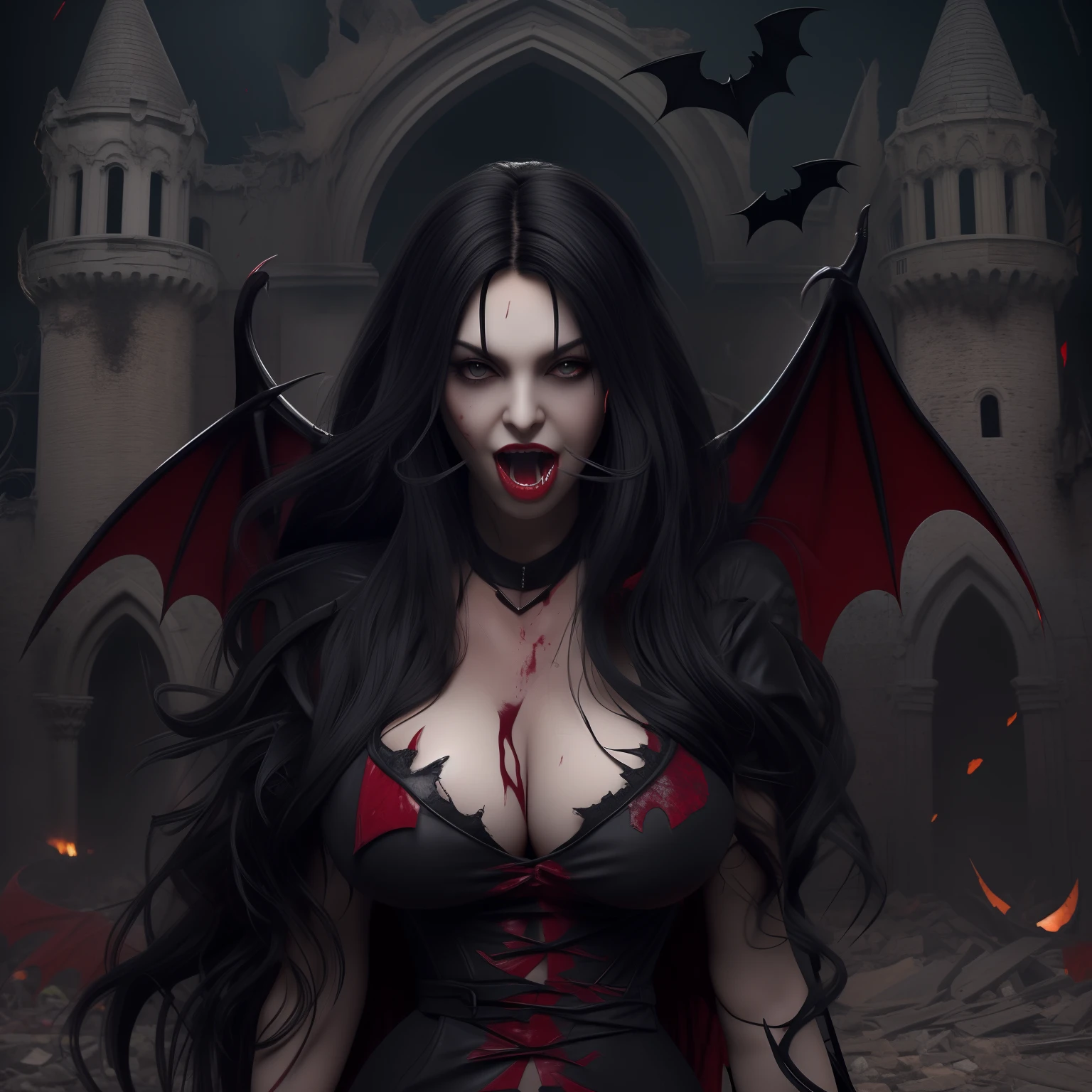 (vampire woman), (long black hair), (long black silky hair), (giant black eyes), (huge dark black eyes), (vampire fangs), (big canine teeth), (blood in mouth), ( huge breasts overflowing torn clothes), (torn clothes), (torn dress), (bat wings), (giant bat wings), (abandoned castle), (red castle), (perfect waist 0.8)
