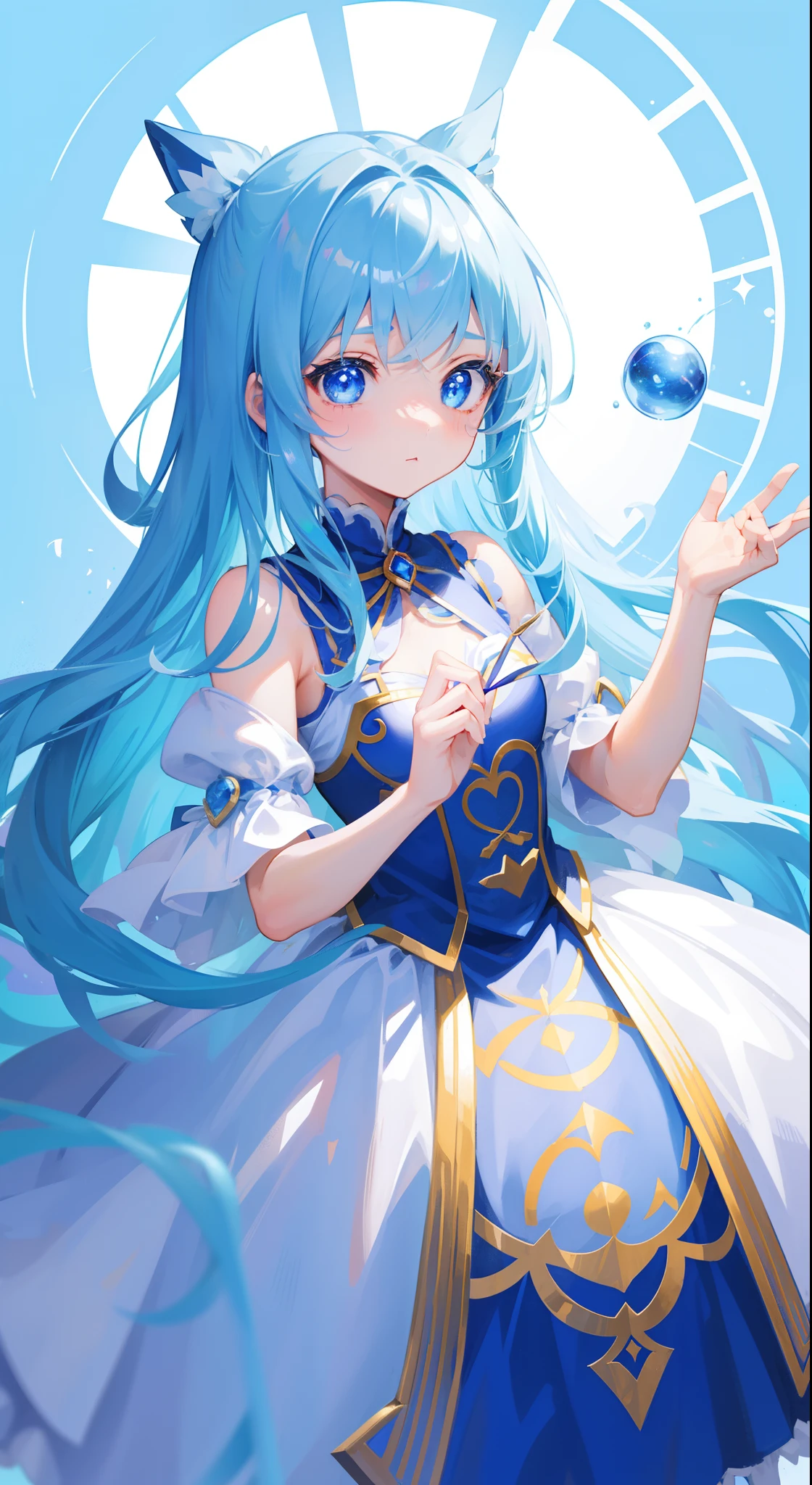One girl、magical 、blue hairs、blue eyess、Magical Girl Costumes、masterpiece、top-quality、Top image quality、cute little、magia、Using magic