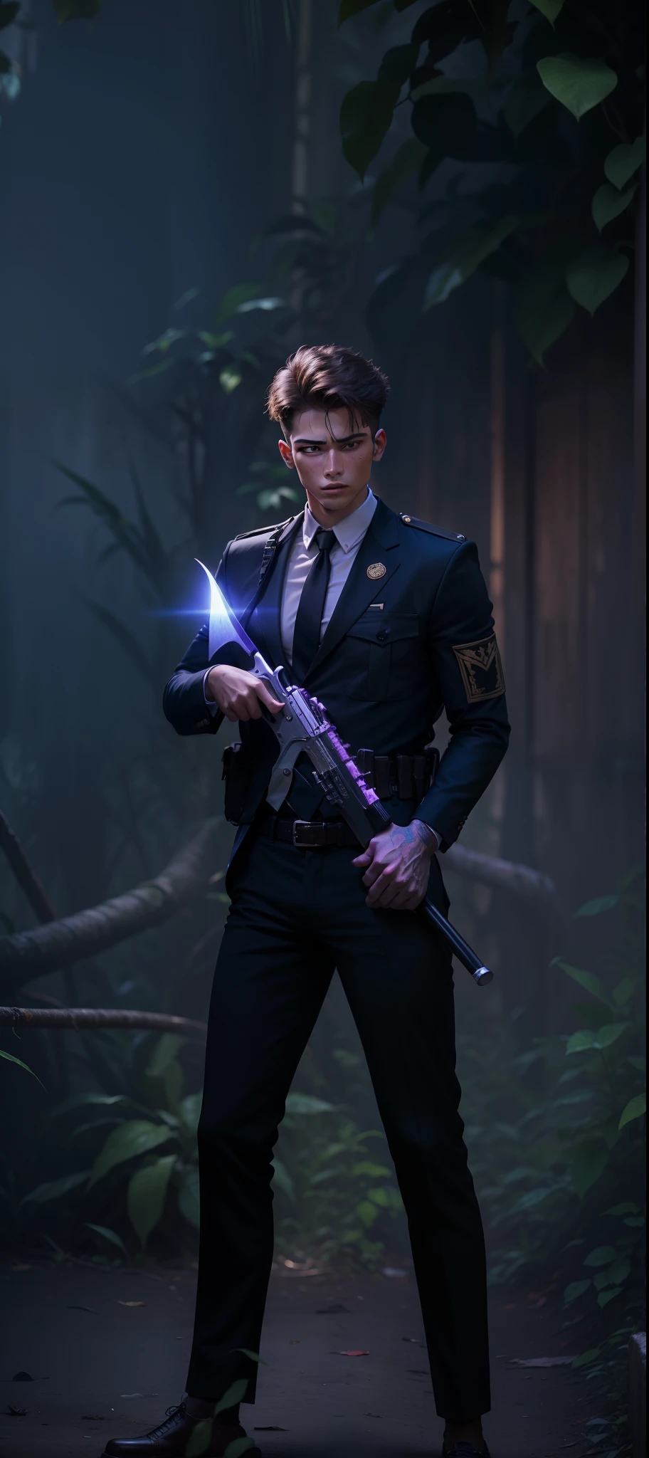 In the jungle, A handsome 20-year-old man stands with a knife in his hand，Behind him are countless corpses of the enemy