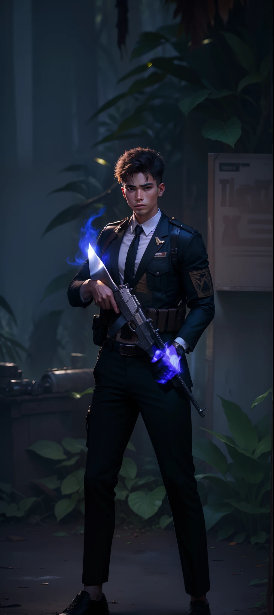 In the jungle, A handsome 20-year-old man stands with a knife in his hand,Behind him are countless corpses of the enemy