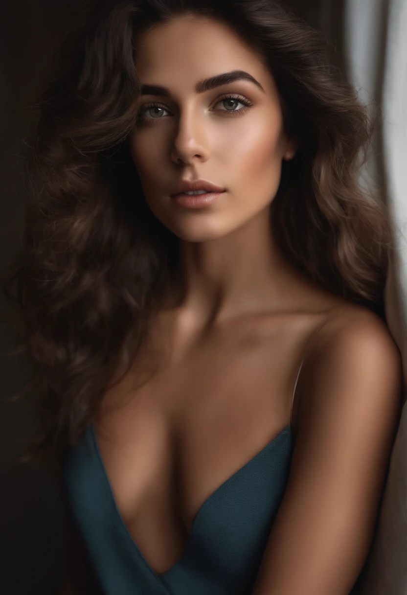 Arafed woman completely , fille aux yeux bruns, ultra realist, Meticulously detailed, cheveux bruns, selfie of a young woman, Violet Myers, sans maquillage, maquillage naturel, looking straight at camera, Visage avec Artgram, Maquillage subtil, Great photo of the whole body kneeling on the bed, dans la chambre, Medium to large bust