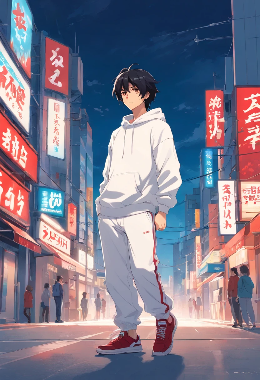 A tall guy, long black hair, long ears, red-eyes, white sweatshirt, White pants, Black sneakers.