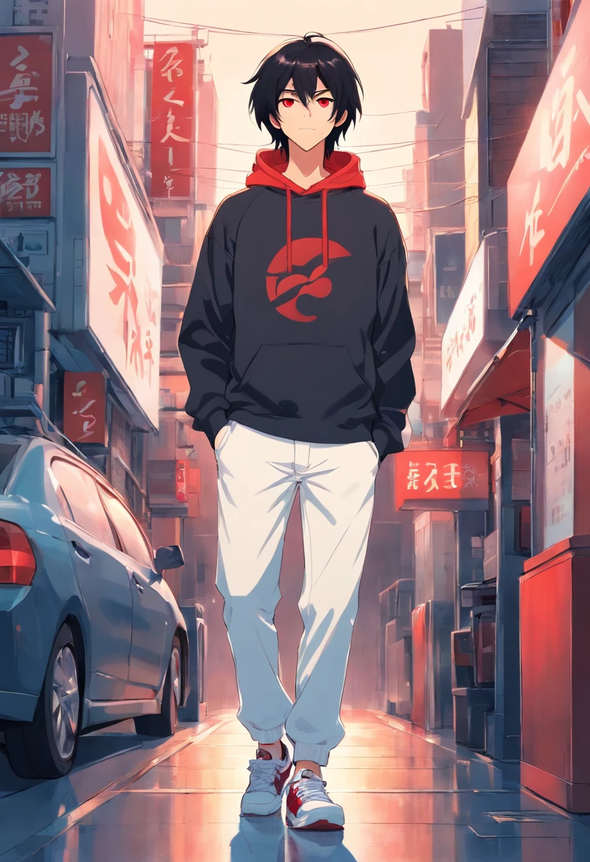 A tall guy, long black hair, long ears, red-eyes, white sweatshirt, White pants, Black sneakers.