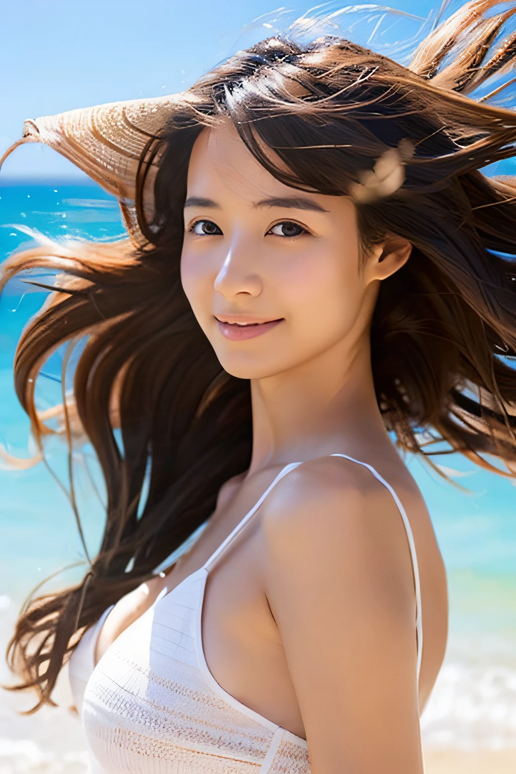 On a beautiful beach bathed in sunshine、Draw a woman with hair fluttering in the wind