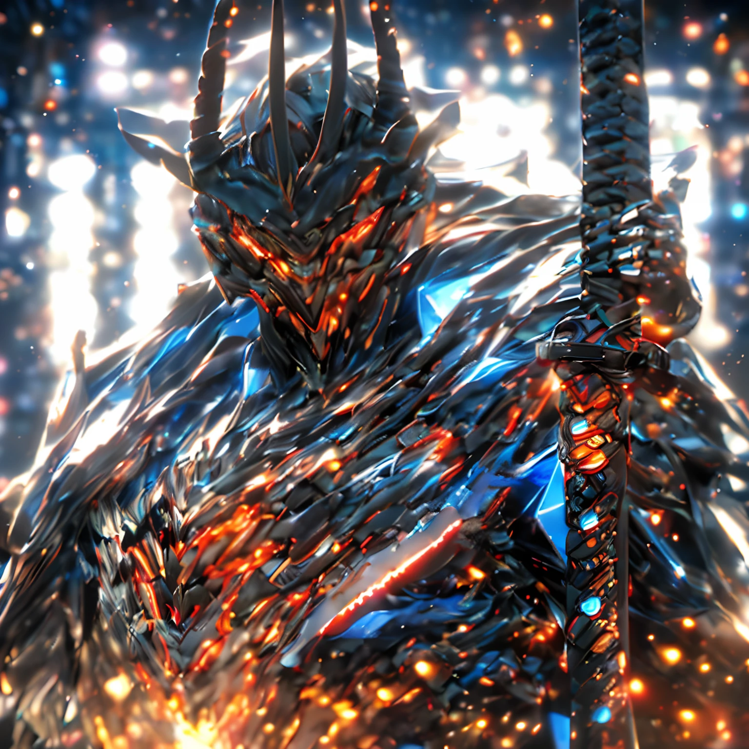 Super realistic, hyper realistic, super detailed, (cybersamurai, long hair, blue eyes, black hair, cleavage, upper body, horns, armor, blurry, clothing cutout, mask, blurry background, science fiction, mouth mask, cyborg, cyberpunk, katana on back, katana handle sticking out behind back:1.3) (glowing simple black background:1.25), masterpiece, best quality, wide-angle Hyperdetailed, masterpiece, best quality, 8k, natural lighting, soft lighting, sunlight, HDR (High Dynamic Range), Maximum Clarity And Sharpness, Multi-Layered Textures