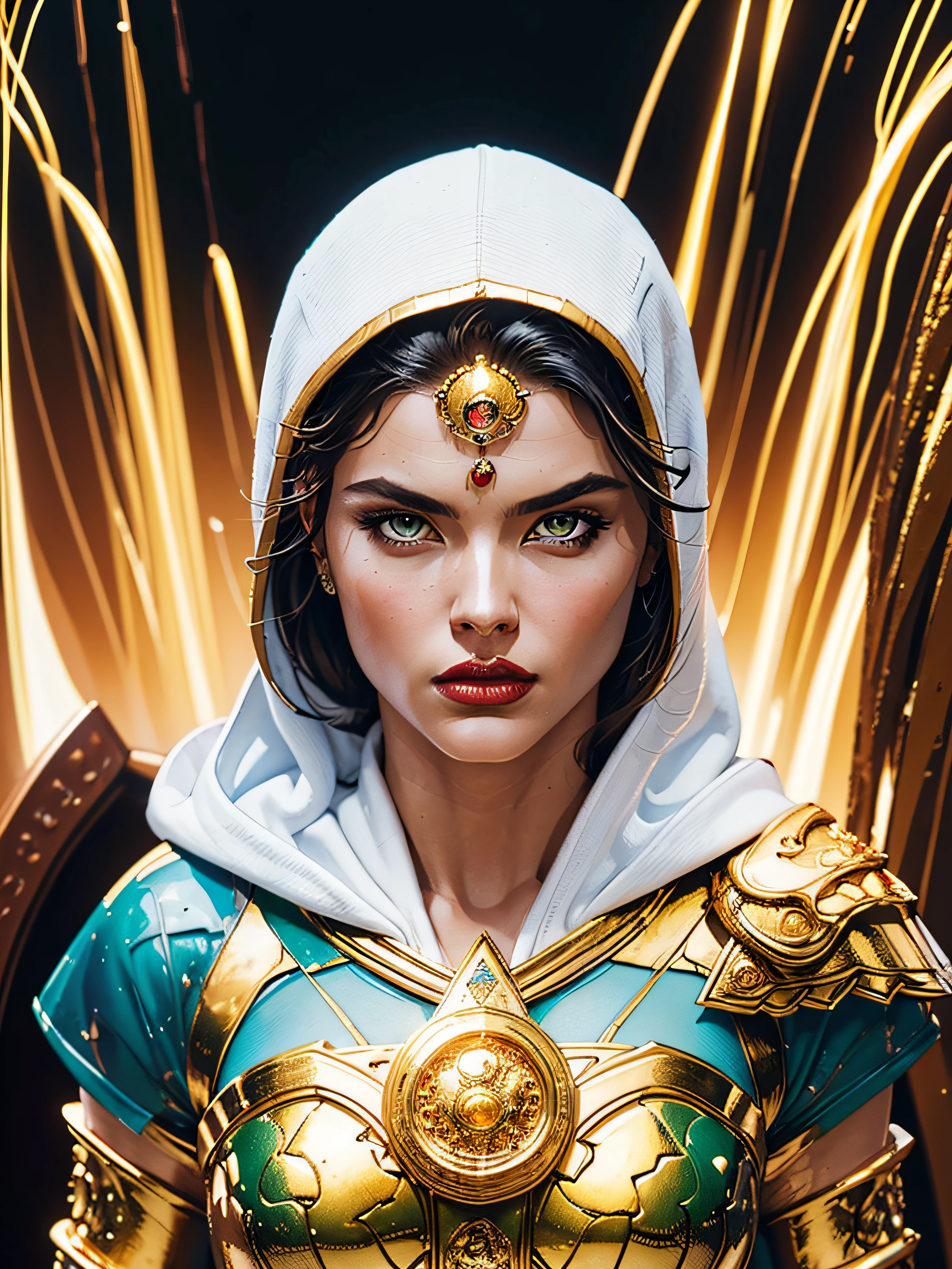 a Inca warrior woman (Jesica Alba :1.1) red lips, green eyes, 40k + female + Warrior + White Hood + White Armor + LightGeen detailed + golden ornaments8k resolution photo realistic masterpiece: by Aaron Leonardo Davin chi : intricately detailed fluid gouache painting: by Jean Baptiste Mongue: calligraphy: acrylic: colorful, cinematic lighting, maximalist photoillustration: by marton bobzert: 8k resolution concept art intricately detailed, complex, elegant, expansive, fantastical, psychedelic realism,