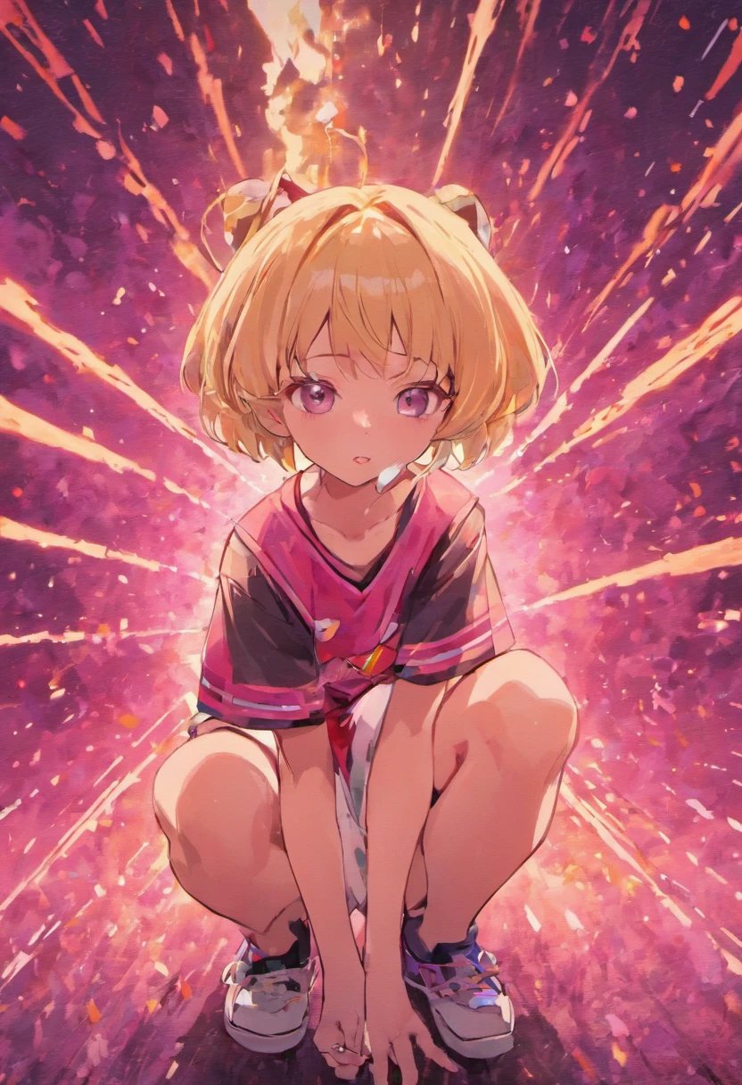 Kagamine Rin al estilo anime de los 80's con una playera rosa y un medias negras de red en una sentada fumando un cigarro