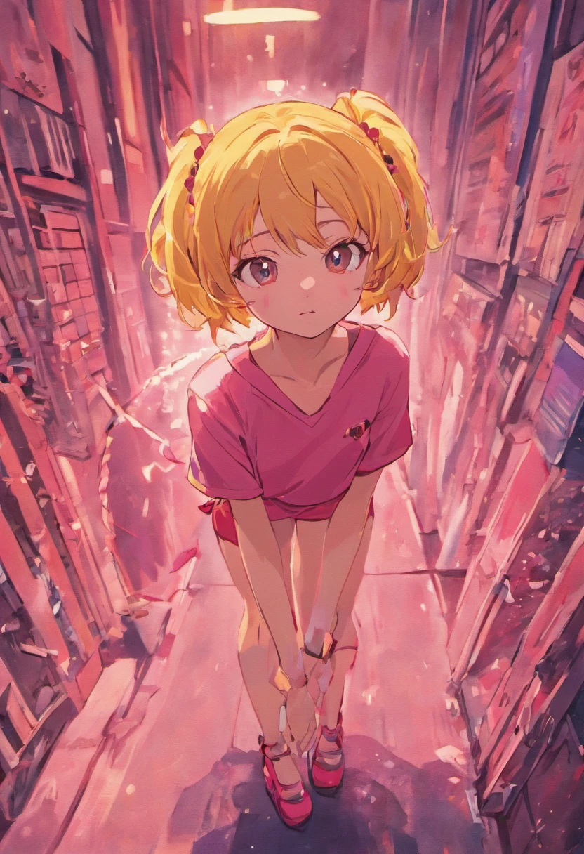 Kagamine Rin al estilo anime de los 80's con una playera rosa y un medias negras de red en una sentada fumando un cigarro
