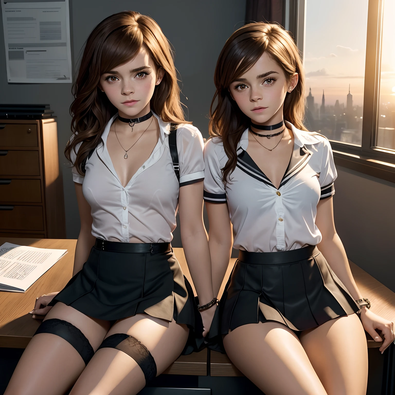 Emma Watson and Sarah Hyland wearing matching sexy school girl outfits, sitting on a desk in a dimly-lit law office holding hands, sunset sunlight, tiny miniskirts with thigh high stockings, perfect legs, ((legs open)), up skirt, cute thong underwear, shy, embarrassed, (face blushing), ((choker)), (worried)