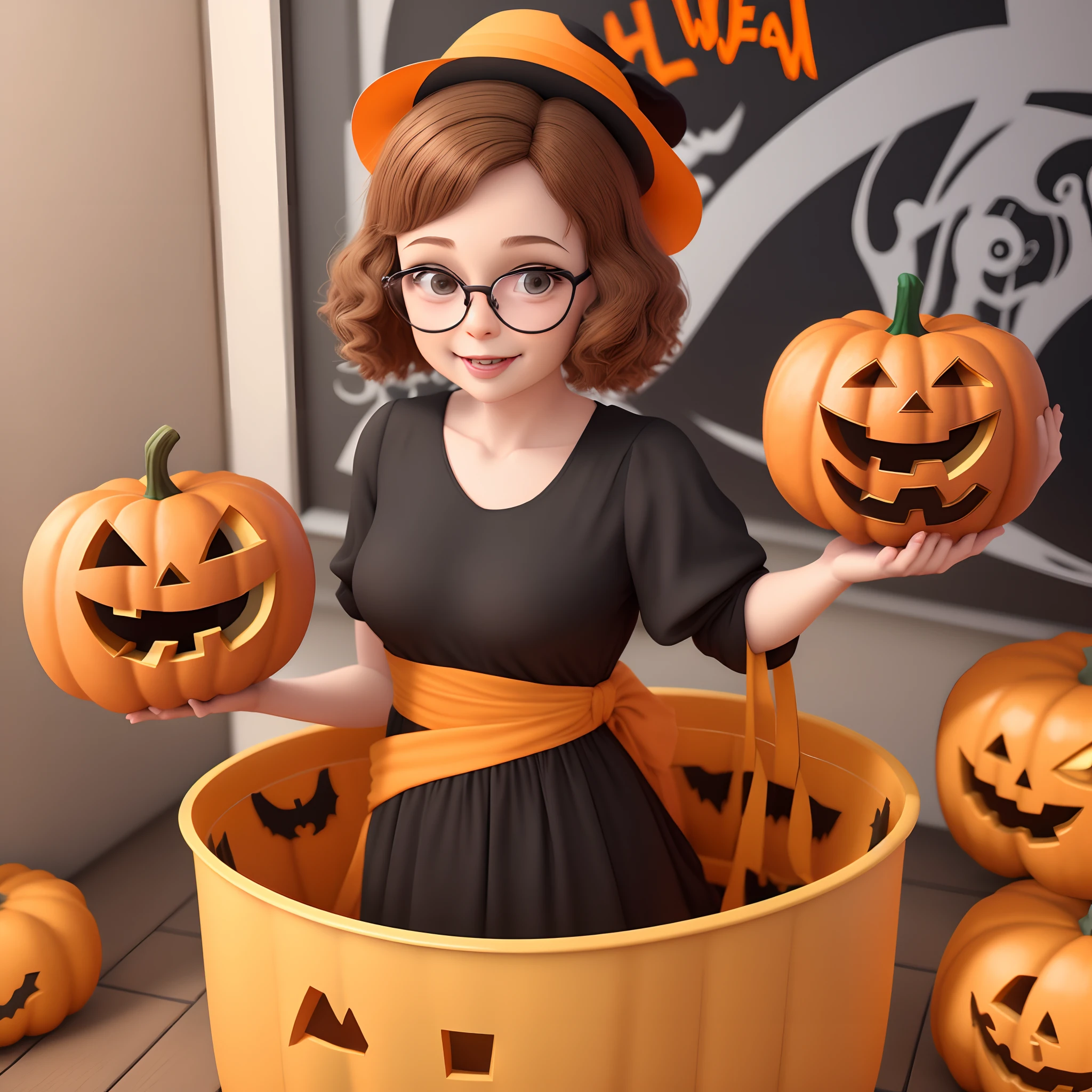 Pixar Style: cute cartoon Style of an busy 41 years old teacher making Halloween decoration with light brown hair, no face glasses, poster, photo, 3d render, parent fashion 4, Diiisney Piiixar posters movie, title: Nelinha da pão and the Halloween decorations